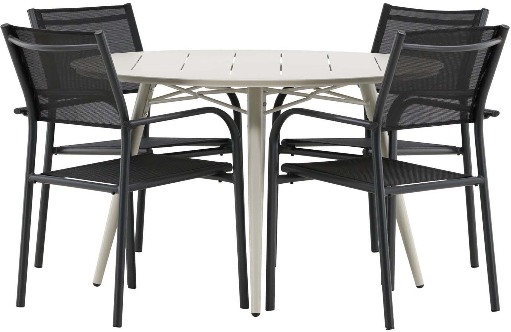 Entdecken Sie das Lina Outdoor-Tischset + Santorini ⌀120cm/4St. von Venture Home – stilvoll, robust und perfekt für gesellige Abende im Freien.