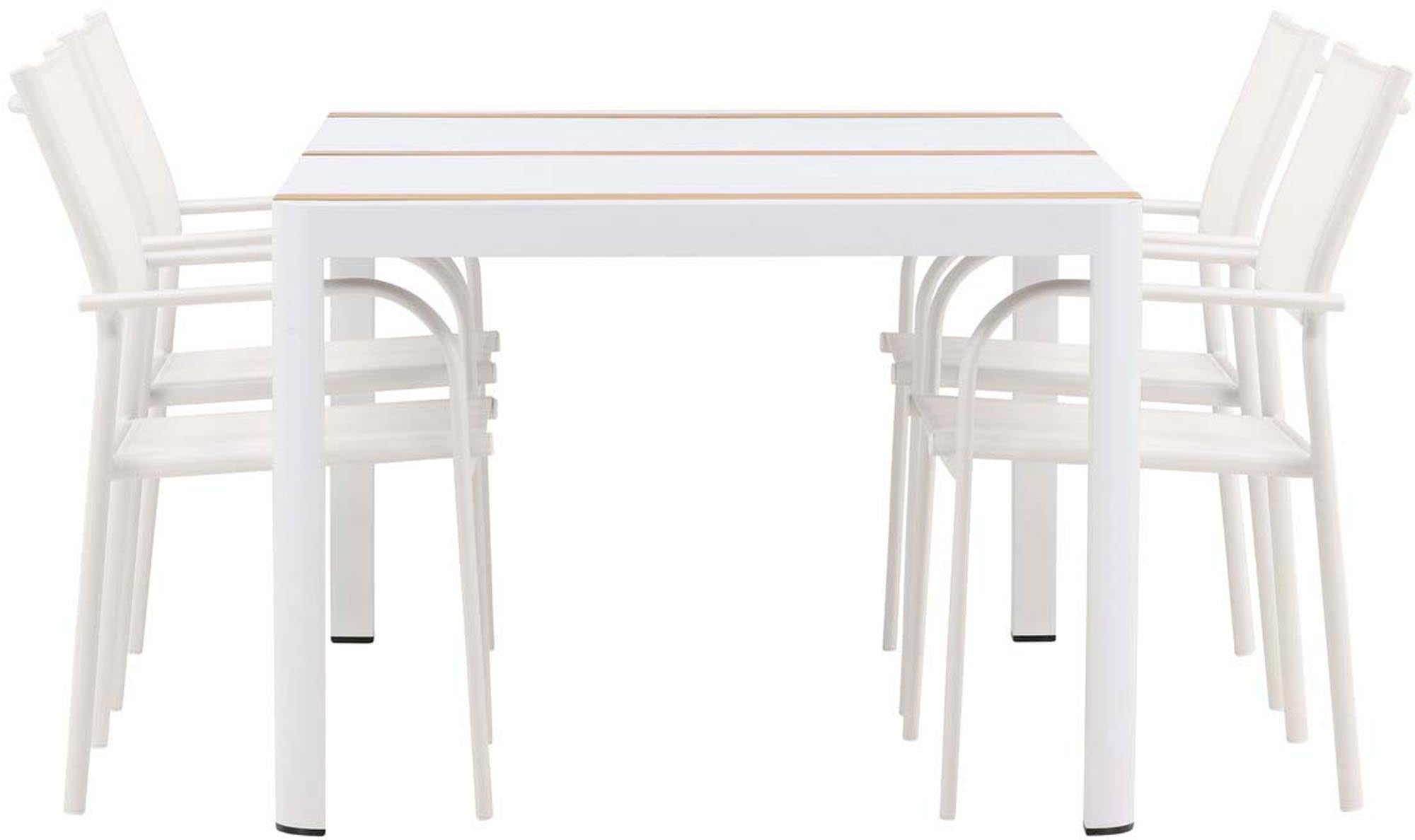 Gestalten Sie Ihren Außenbereich stilvoll mit dem Togo Outdoor-Tischset + Santorini 150cm/4St. von Venture Home – robust, elegant und perfekt für gesellige Stunden.