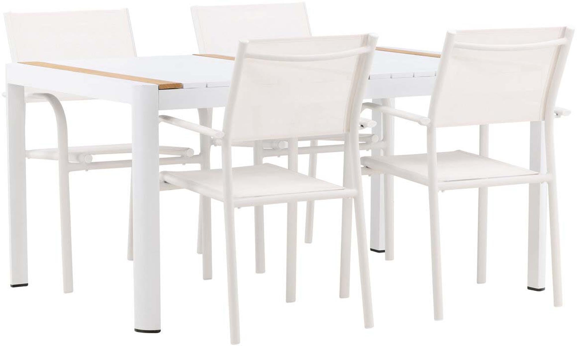 Verleihen Sie Ihrem Garten mit dem Togo Outdoor-Tischset von Venture Home einen Hauch von Eleganz: 150 cm Tisch und 4 komfortable Santorini Stühle.