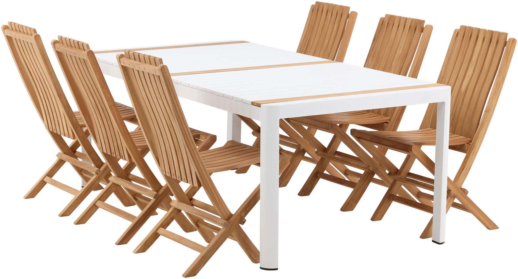 Stilvolles Togo Outdoor-Tischset mit 6 Ghana-Stühlen, perfekt für gesellige Abende. Hochwertiges Teakholz und wetterfestes Aluminium.