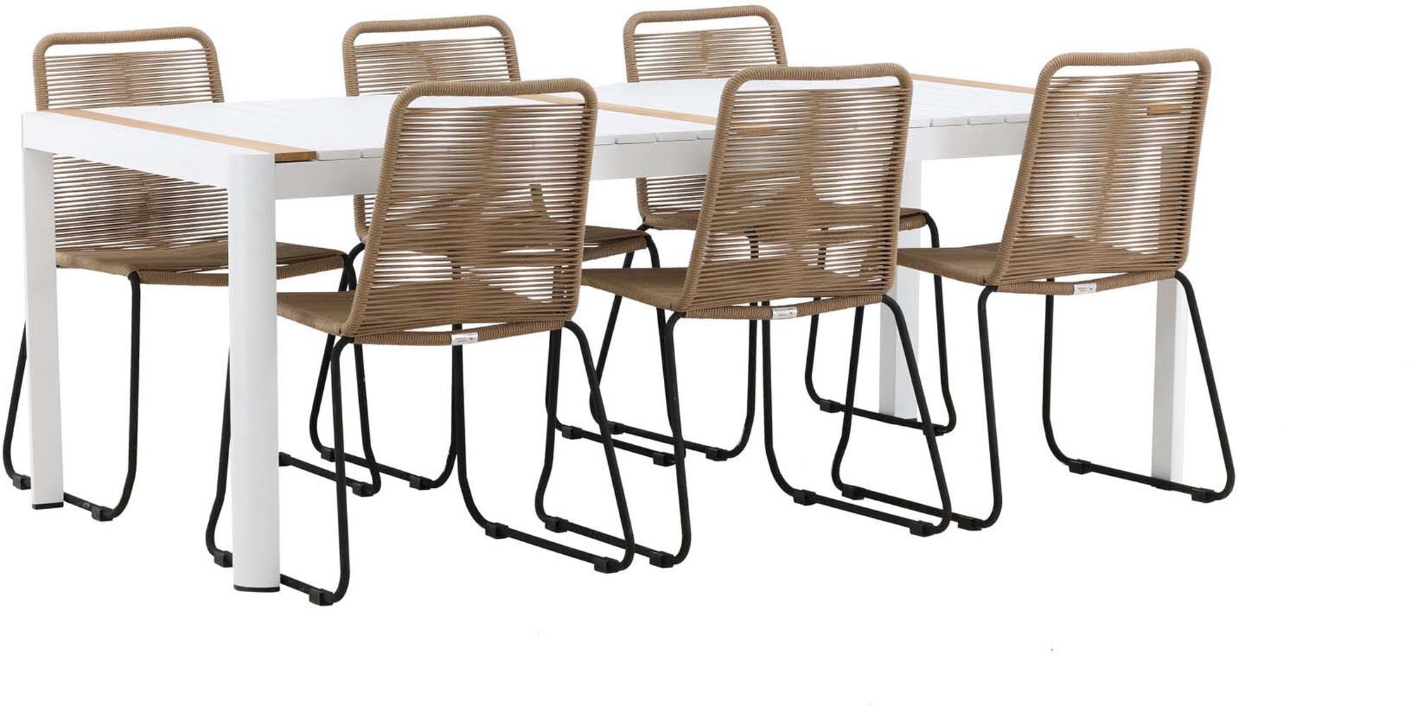 Elegantes Togo Outdoor-Tischset: 200x100 cm Esstisch mit Teakholz-Optik, stapelbare Lindos-Stühle, wetterfest und ideal für gesellige Stunden im Freien.