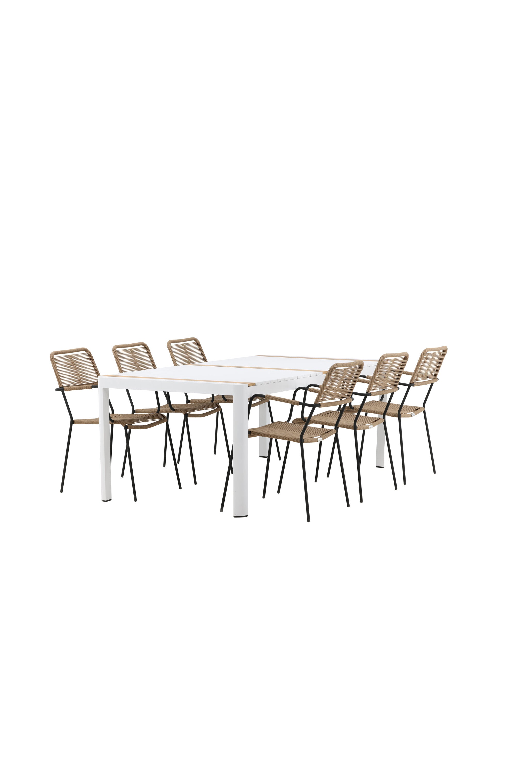 Togo Outdoor-Tischset + Lindos Armchair 200cm/6St. in Weiss / Natur präsentiert im Onlineshop von KAQTU Design AG. Gartentischset ist von Venture Home