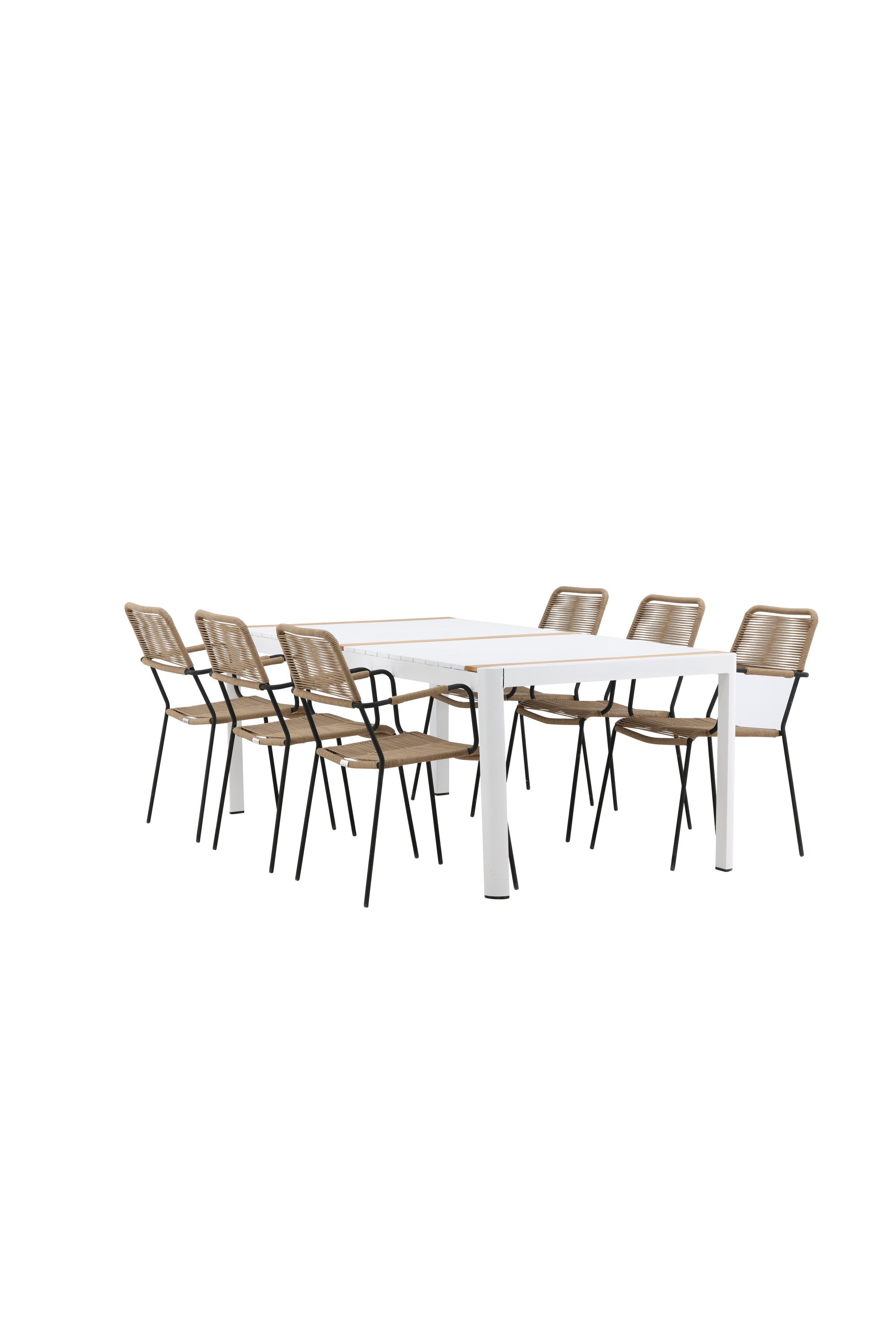 Togo Outdoor-Tischset + Lindos Armchair 200cm/6St. in Weiss / Natur präsentiert im Onlineshop von KAQTU Design AG. Gartentischset ist von Venture Home