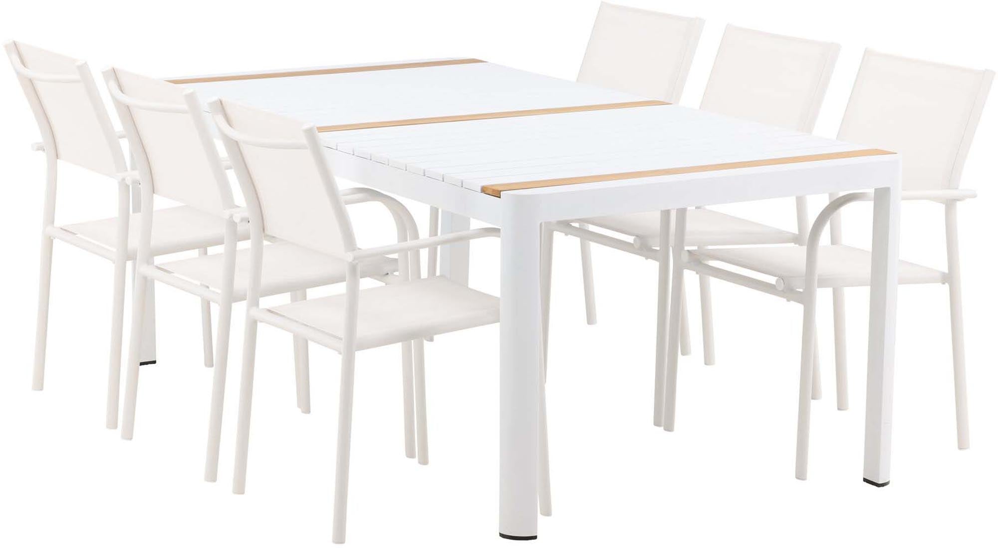 Elegantes Togo Outdoor-Tischset von Venture Home: 200cm Teakholz-Tisch, 6 skandinavische Stühle, wetterfest, ideal für Garten.