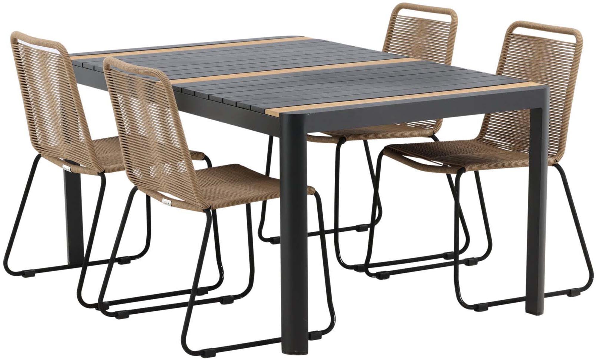 Stilvolles Togo Outdoor-Tischset für 4 Personen. Wetterfeste Materialien und modernes Design sorgen für eine gemütliche Atmosphäre im Freien.