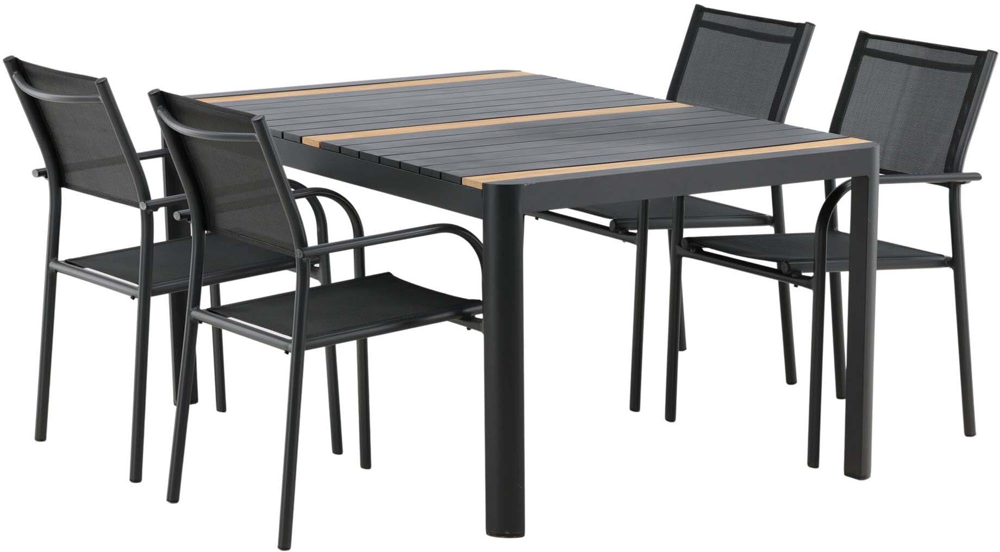 Gestalten Sie Ihren Außenbereich mit dem Togo Outdoor-Tischset + Santorini 150cm/4St. von Venture Home – stilvoll, langlebig und perfekt für gesellige Stunden.