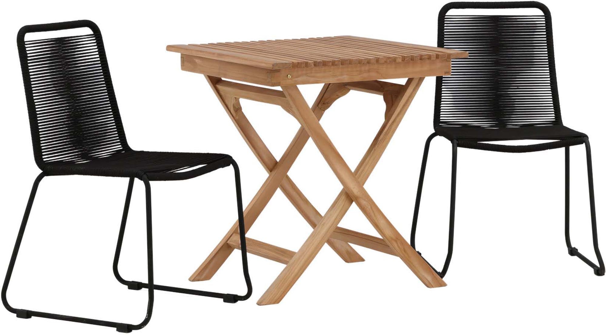 Entdecken Sie das Ghana Outdoor-Tischset + Lindos Stacking 70cm/2St. von Venture Home – stilvolles Teakholz, klappbar, stapelbare Stühle, ideal für Garten und Terrasse.