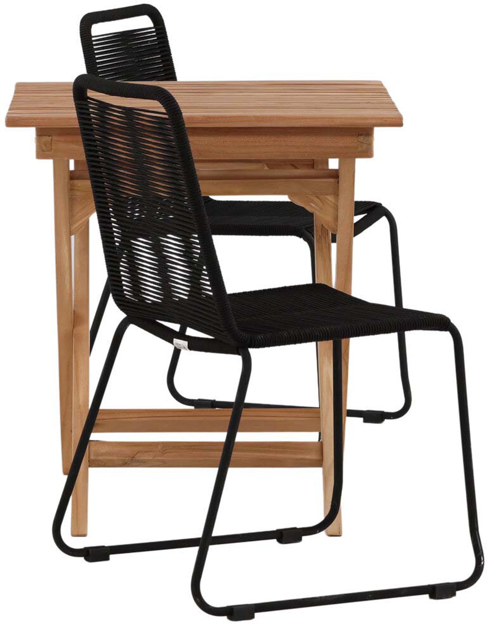 Elegantes Ghana Outdoor-Tischset mit 2 stapelbaren Lindos Stühlen aus langlebigem Teakholz und modernem Aluminium für stilvolle Gartenmomente.