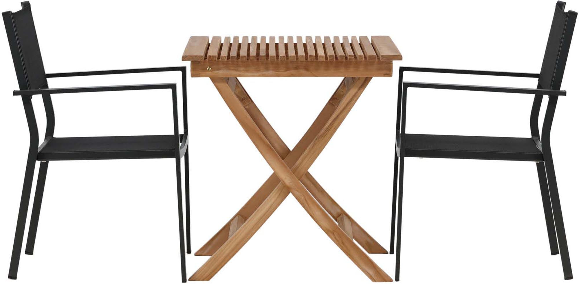 Stilvolles Ghana Outdoor-Tischset mit 2 Copacabana-Stühlen, ideal für Garten und Terrasse. Hochwertiges Teakholz und pflegeleichtes Textilene.