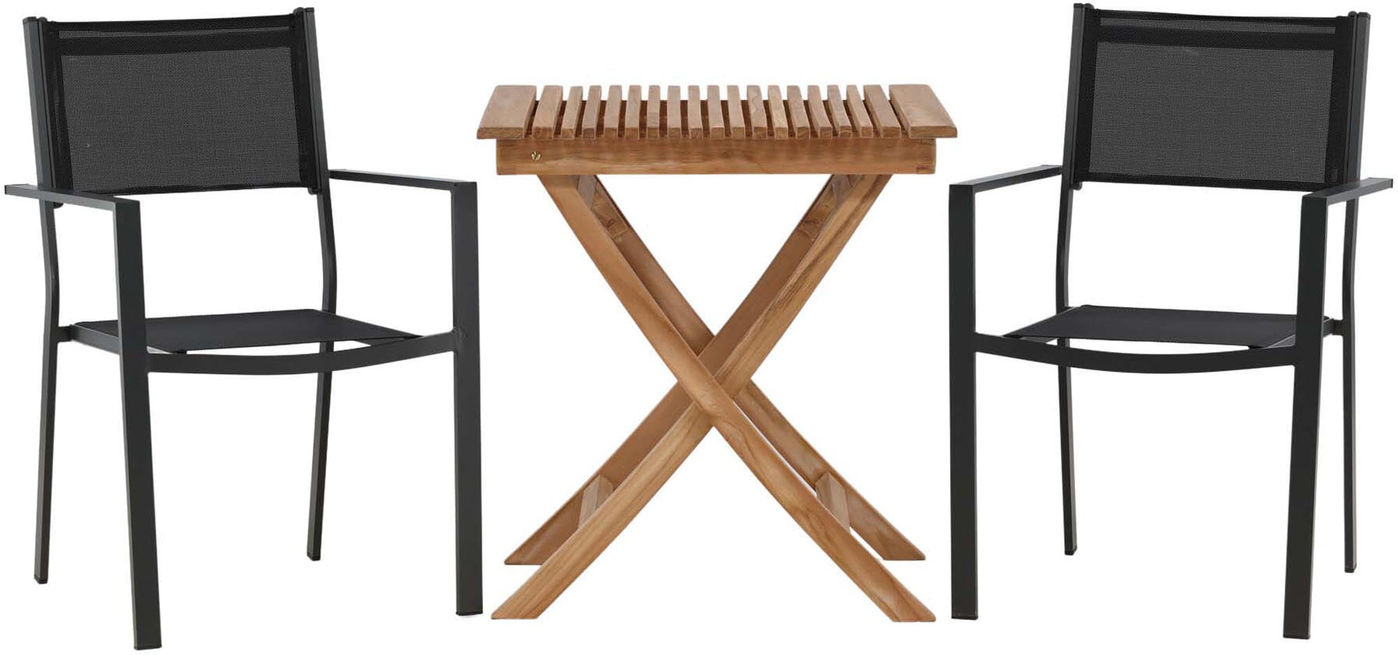 Entdecken Sie das Ghana Outdoor-Tischset mit 2 Copacabana-Stühlen – modernes Design aus langlebigem Teakholz und robustem Textilene für Ihren Garten.