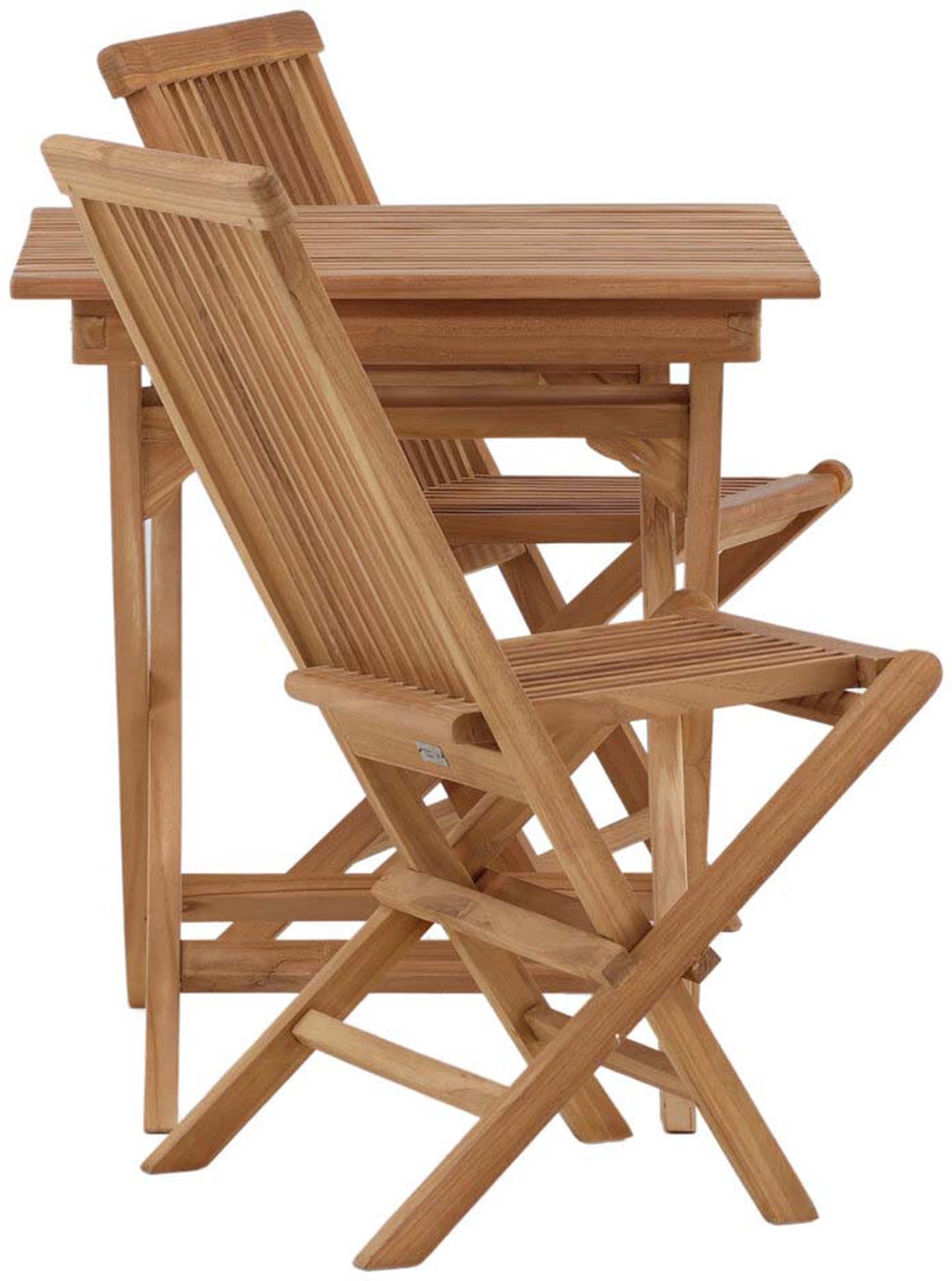 Elegantes Ghana Outdoor-Tischset mit klappbarem Teakholztisch und minimalistischen Kenya Stühlen – ideal für entspannte Stunden im Freien.