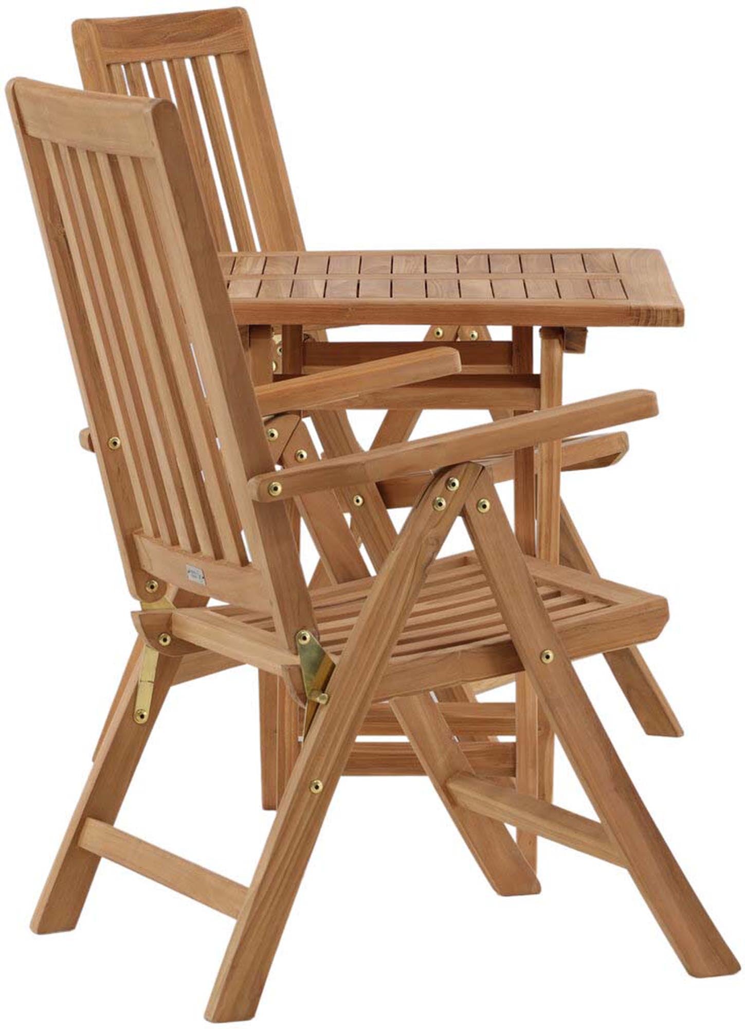 Entdecken Sie das Kenya Outdoor-Tischset mit 70 cm Durchmesser: Eleganter Teakholztisch und stapelbare Copacabana-Stühle für entspannte Stunden im Freien.