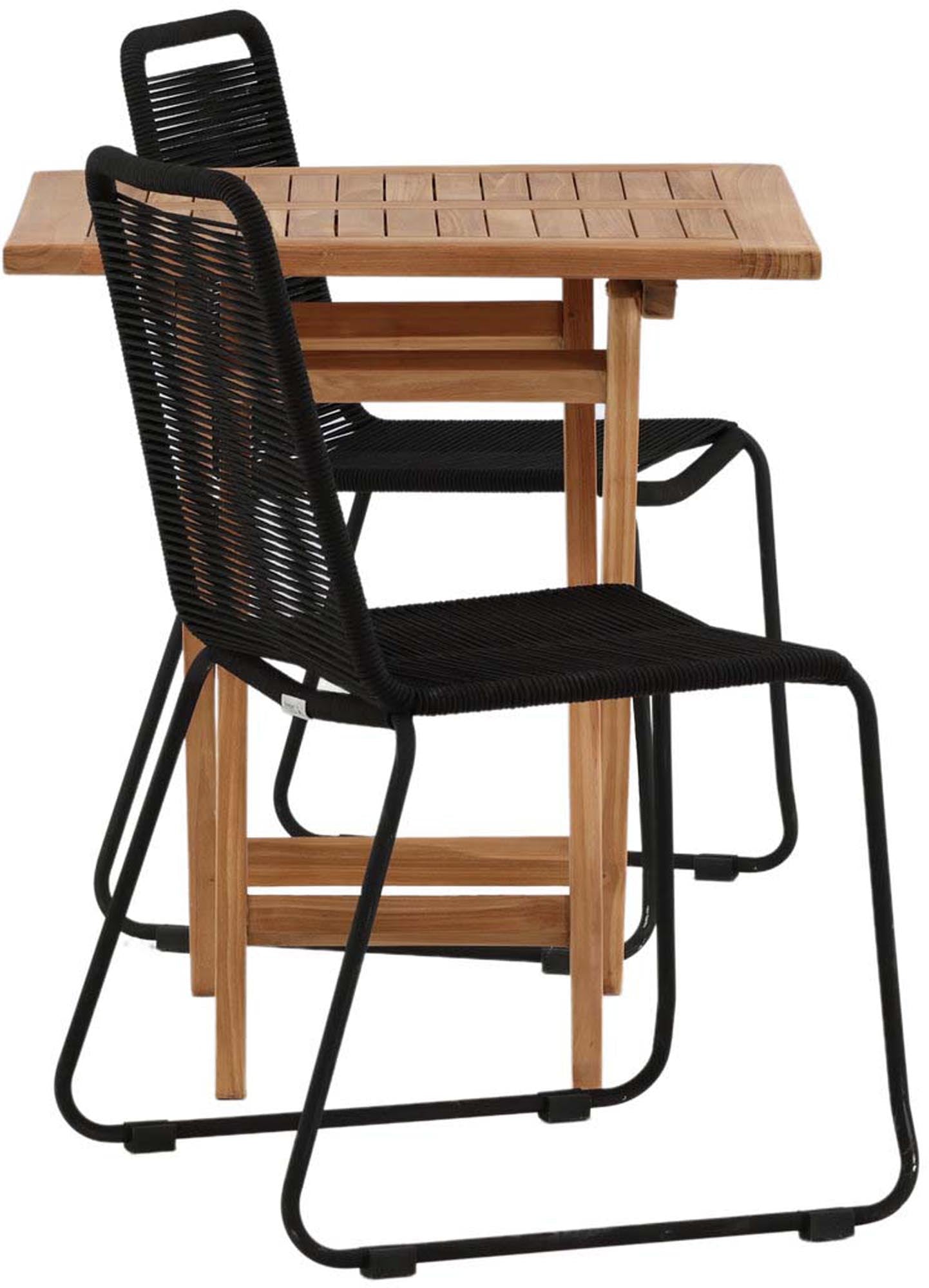 Entdecken Sie das Kenya Outdoor-Tischset von Venture Home: eleganter Teakholztisch, moderne Lindos-Stühle, stapelbar und ideal für Ihren Garten.