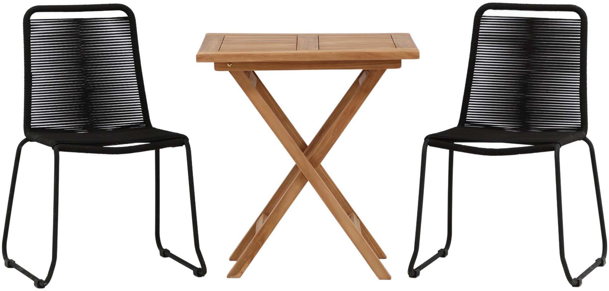 Stylisches Kenya Outdoor-Tischset mit 2 stapelbaren Lindos-Stühlen und 70cm Teakholztisch – perfekt für entspannte Stunden im Freien.