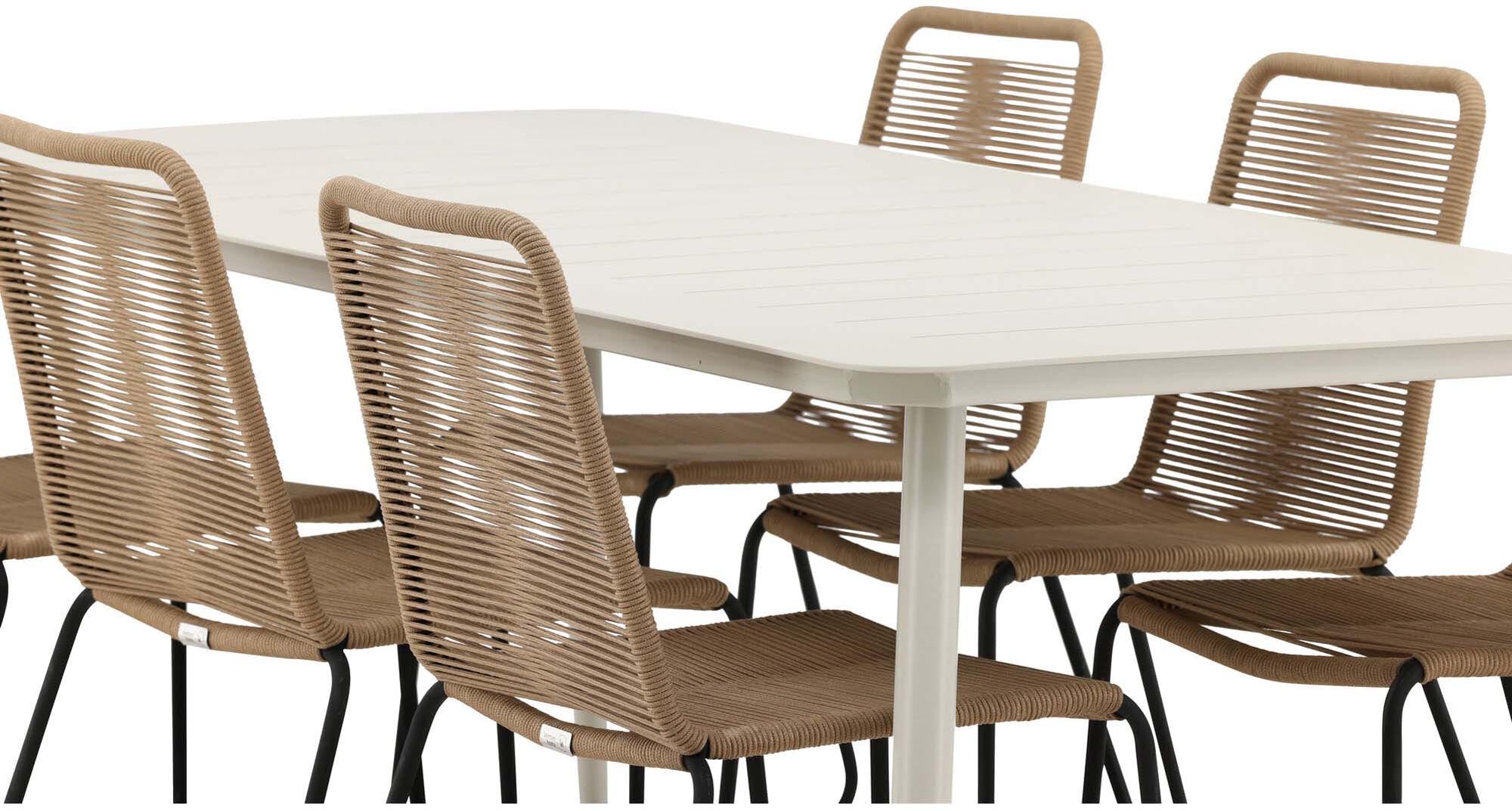 Entdecke das Lina Outdoor-Tischset Lindos – 200 cm für 6 Personen, ideal für stilvolle Gartenabende und gesellige Stunden im Freien.