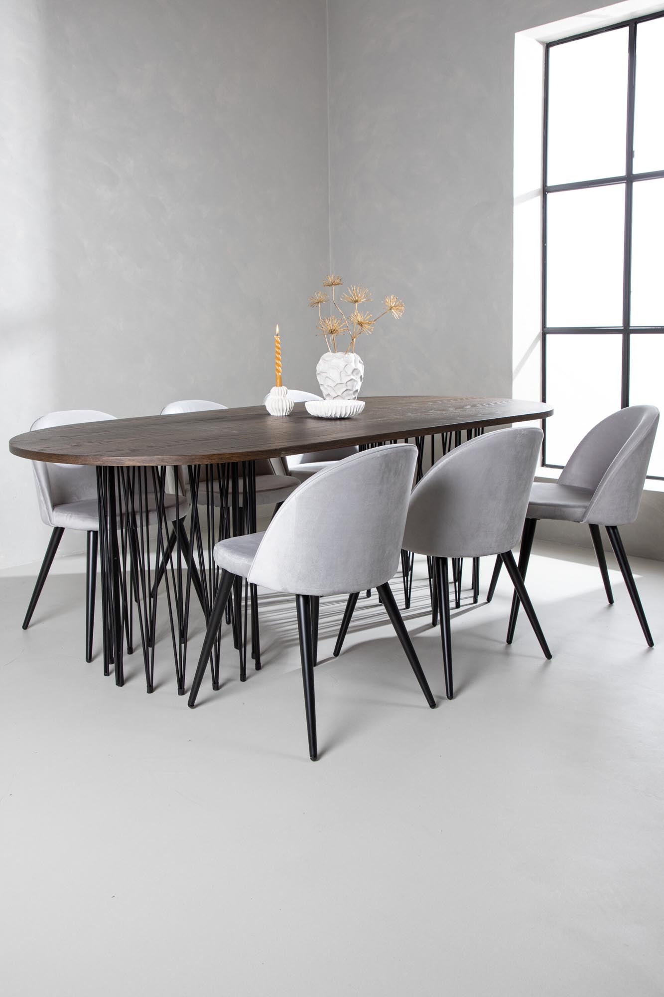 Stilvolles Stone Esszimmerset 220cm mit 6 eleganten Velvet-Stühlen von Venture Home. Perfekte Kombination aus Komfort und skandinavischem Design.