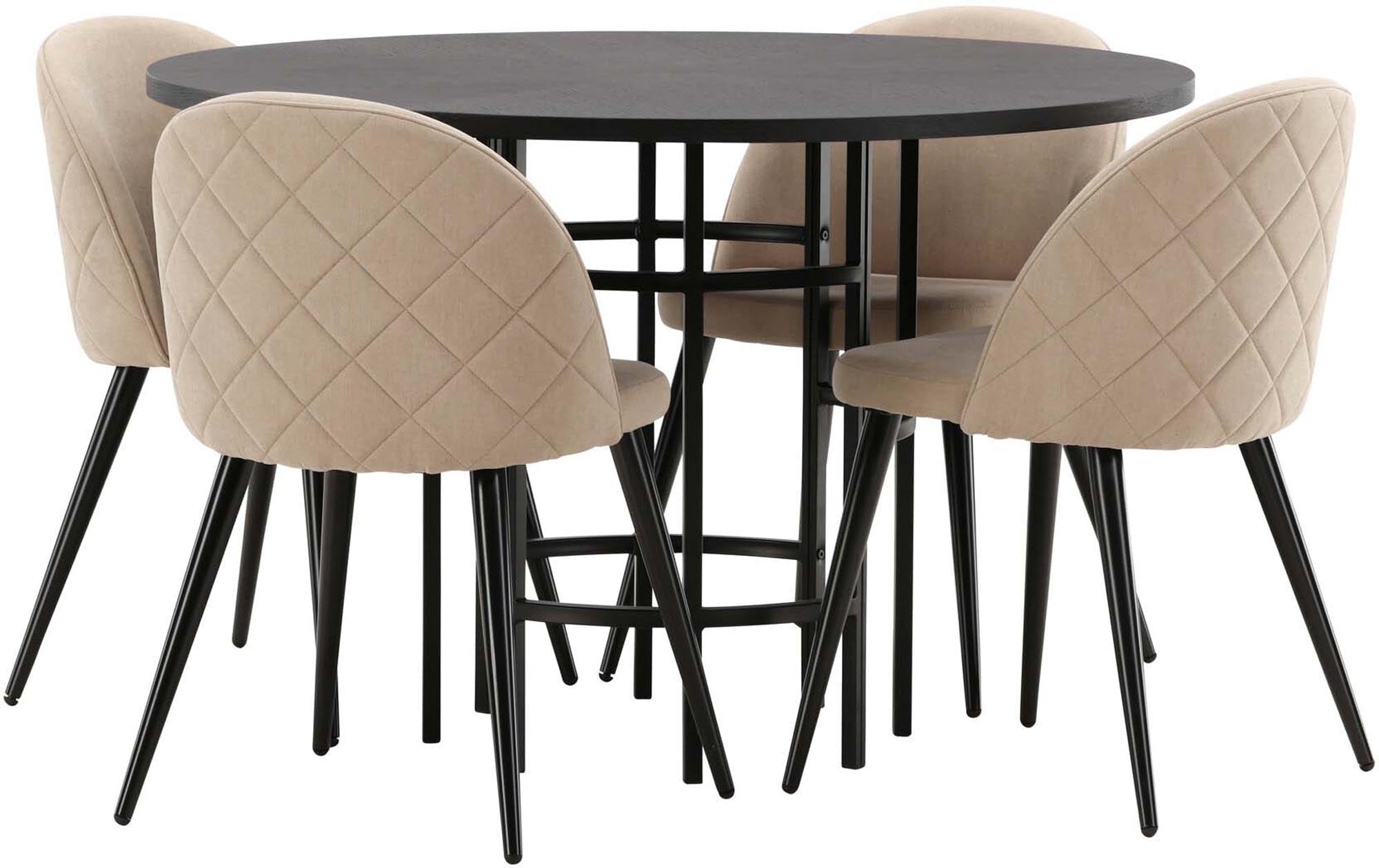 Modernes Esszimmerset Copenhagen + Velvet für bis zu vier Personen. Stilvoller runder Tisch und bequeme Samtstühle für gesellige Abende.