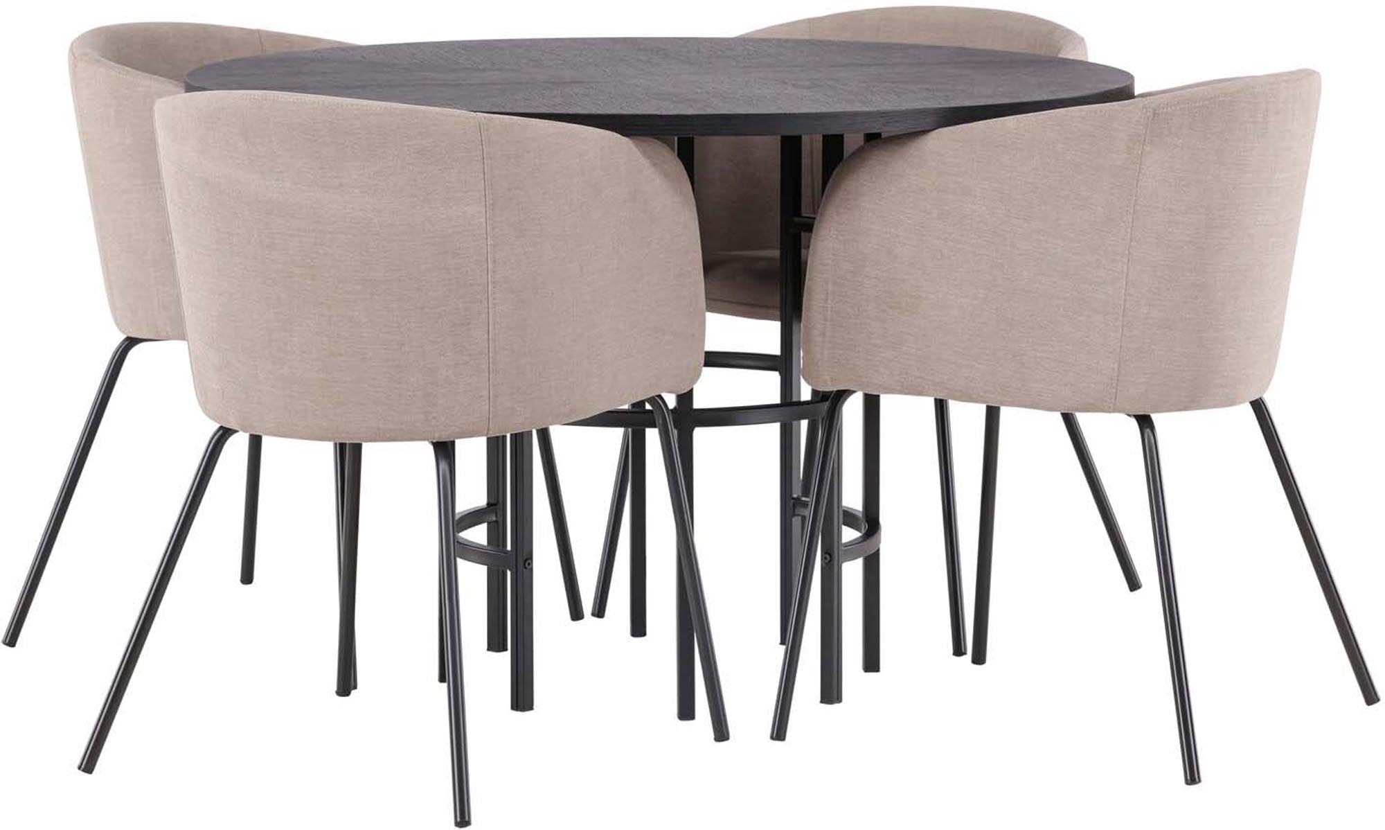 Entdecken Sie das stilvolle Esszimmerset Copenhagen + Berit von Venture Home: runder Tisch und gepolsterte Stühle für gemütliche Essmomente.