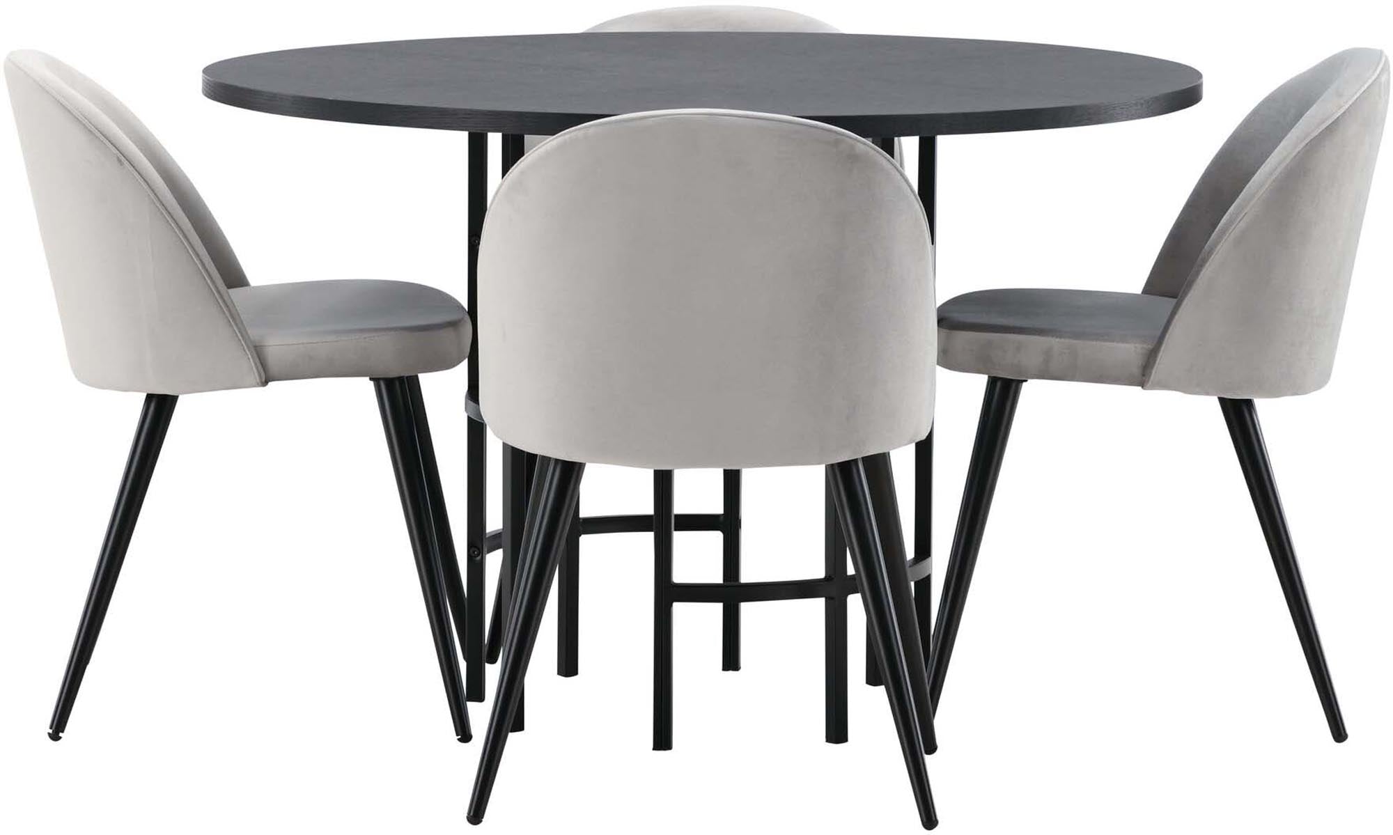Entdecken Sie das Esszimmerset Copenhagen + Velvet von Venture Home: moderner runder Tisch ⌀115cm für 4 Personen, stilvolle Stühle, hoher Komfort.