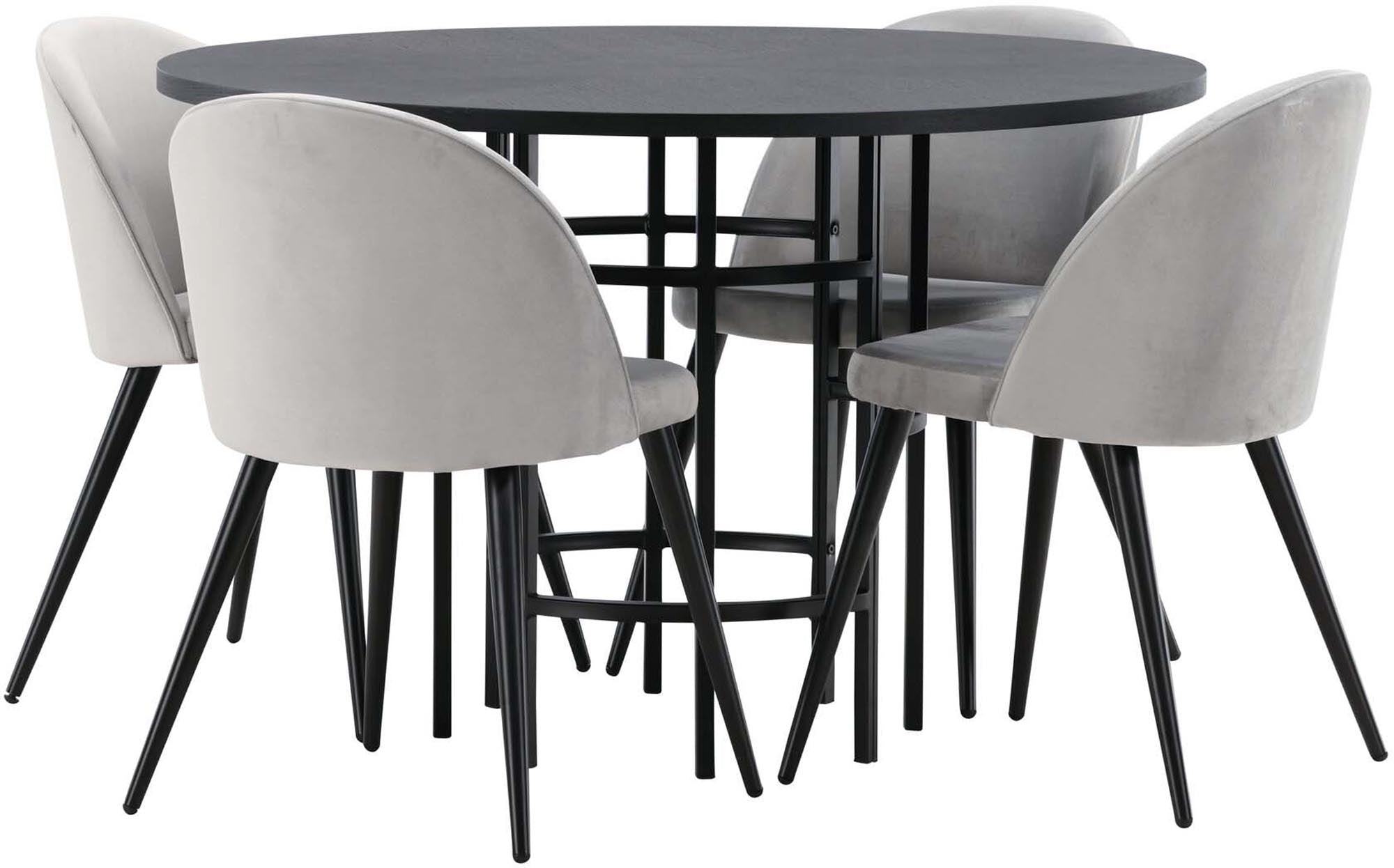 Modernes Esszimmerset mit rundem Tisch (⌀115cm) und 4 komfortablen Velvet-Stühlen. Perfekt für gesellige Familienessen und stilvolle Akzente.