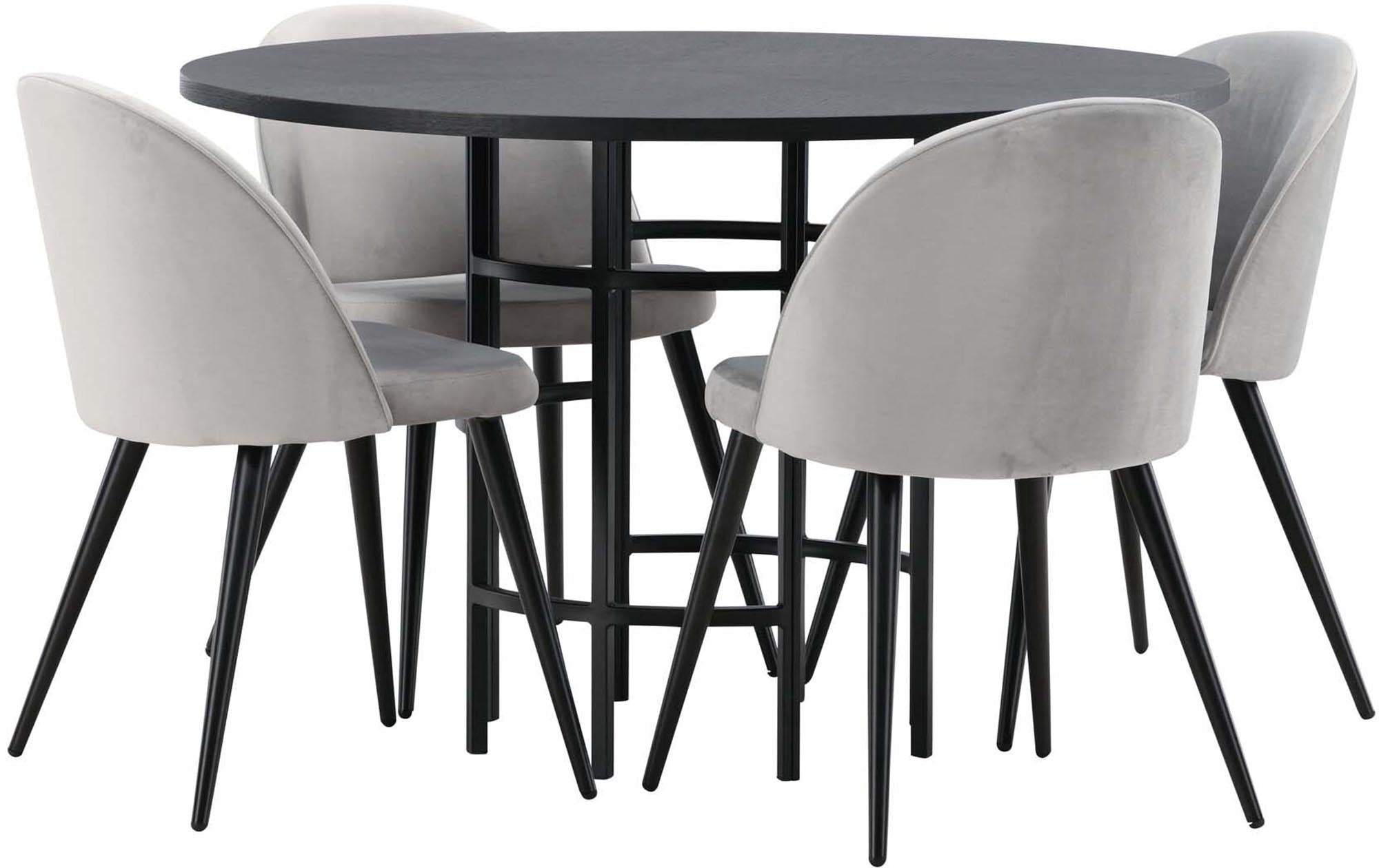 Elegantes Esszimmerset mit runden Tisch (⌀115cm) und 4 stilvollen Velvet-Stühlen. Ideal für gemütliche Abende und modernes Wohnen.