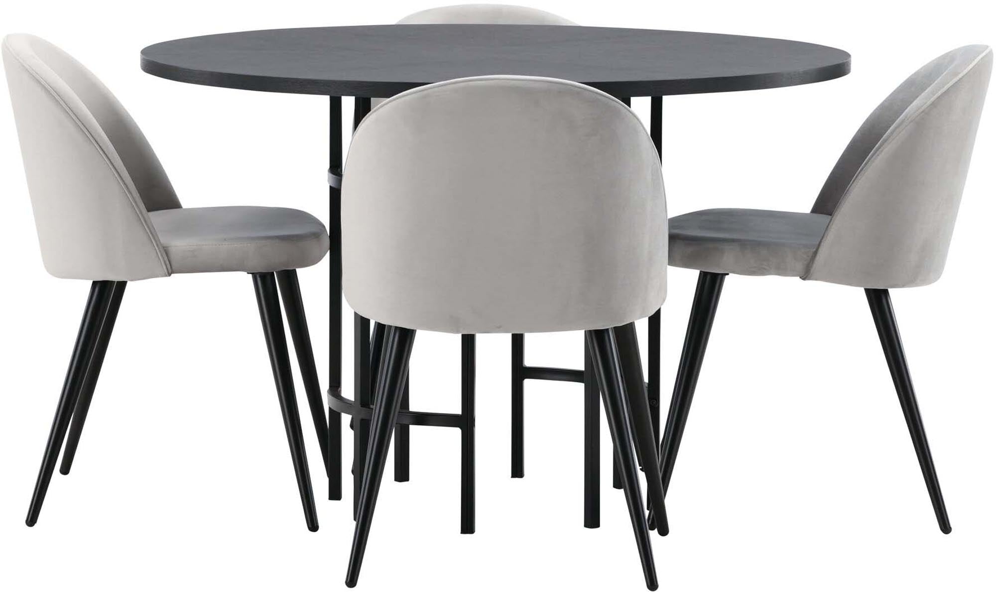 Stilvolles Esszimmerset mit rundem Tisch (⌀115cm) und 4 bequemen Velvet-Stühlen. Perfekt für gesellige Abende und modernes Ambiente.