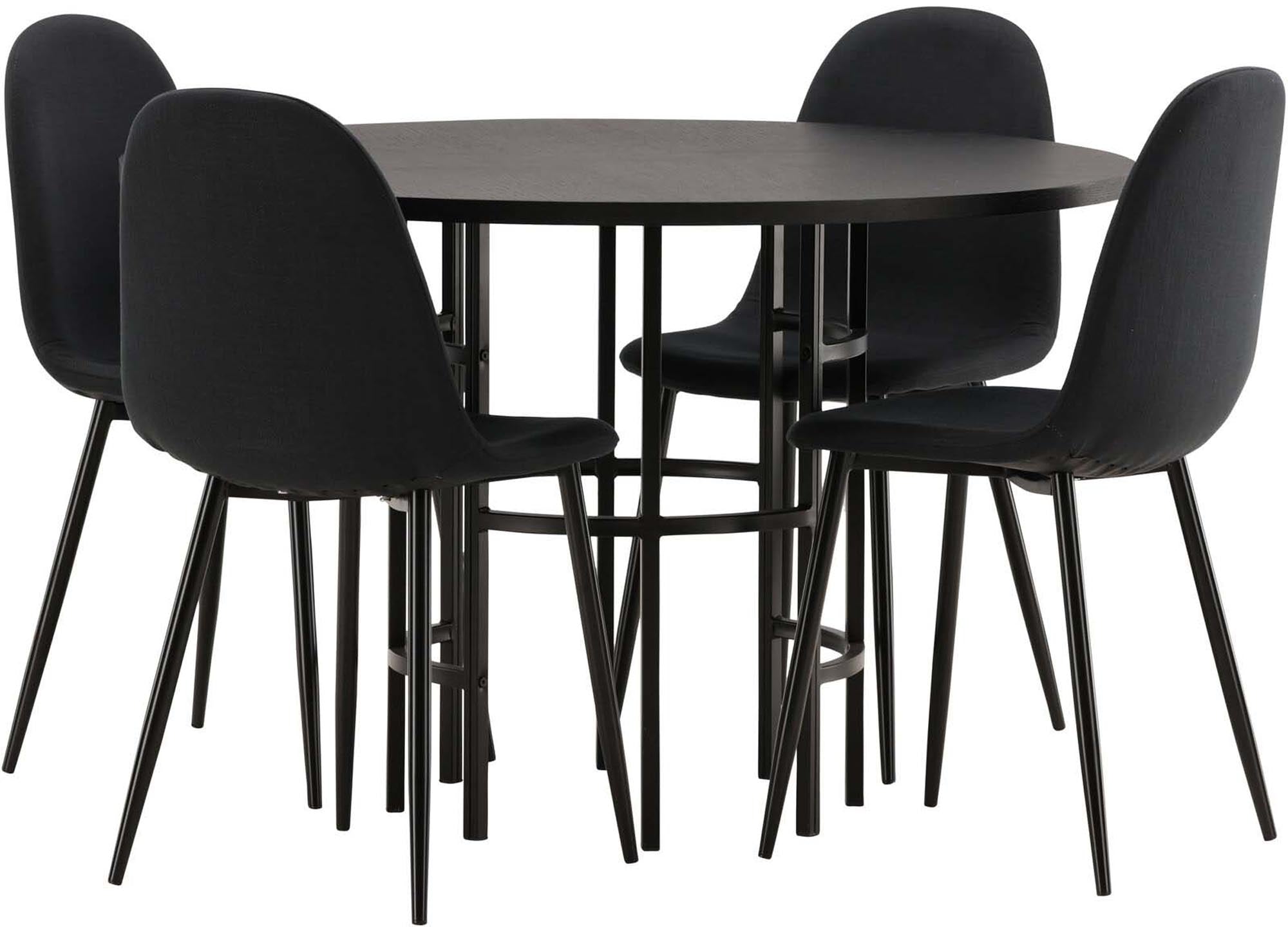 Elegantes Esszimmerset mit russschwarzem Tisch und bequemen, gepolsterten Stühlen. Perfekt für stilvolle Abende.