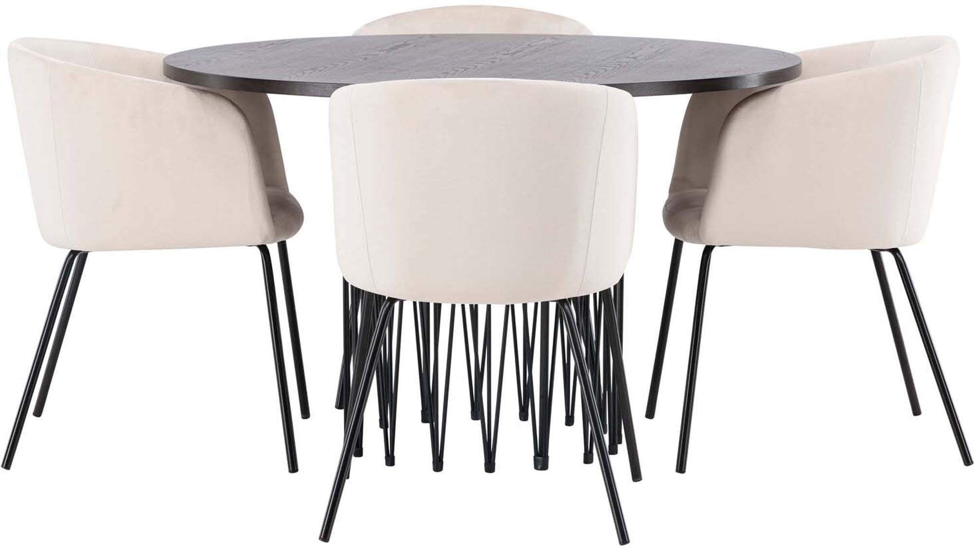 Elegantes Stone Esszimmerset mit runden 120 cm Tisch und 4 bequemen Berit Stühlen. Perfekt für stilvolle Essbereiche und gesellige Abende.