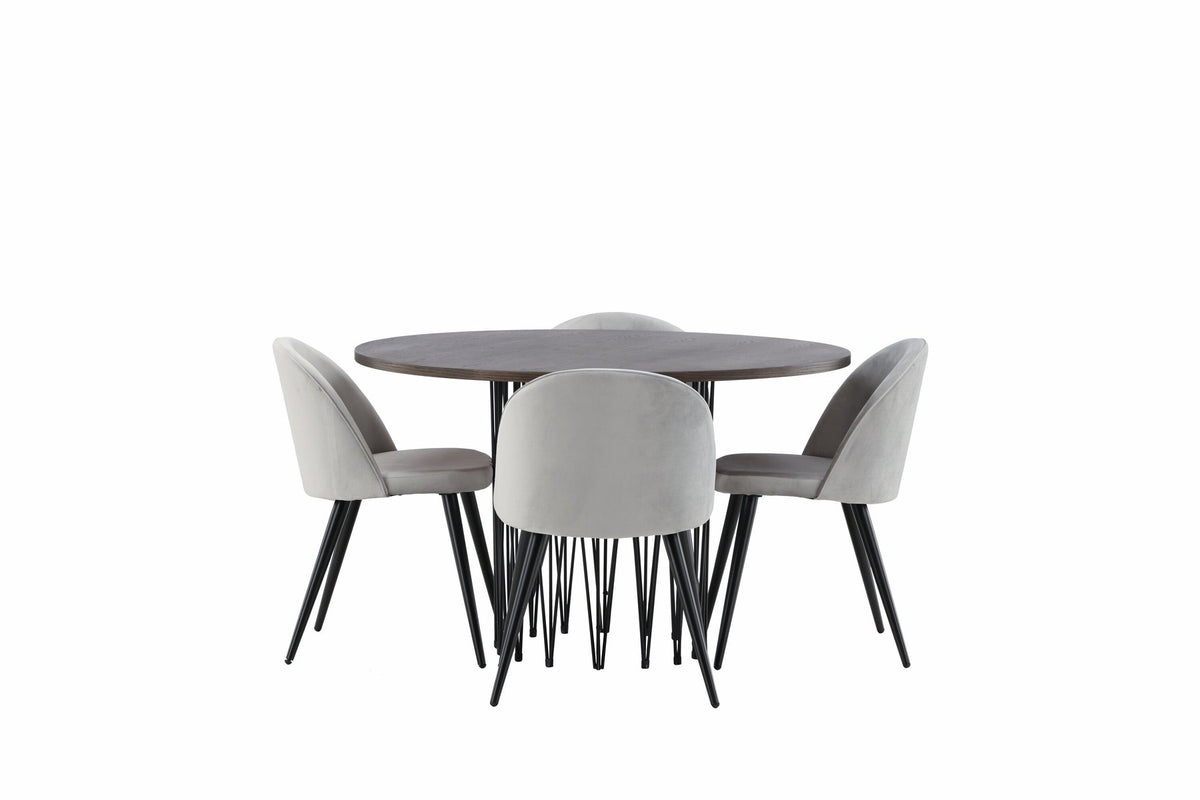 Rundes Esszimmerset mit Steinlook-Tisch aus MDF und Mocca-Furnier, schwarzem Metallgestell und vier Limhamn-Stühlen mit beigem Samtbezug.