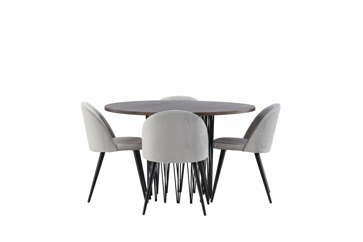 Rundes Esszimmerset mit Steinlook-Tisch aus MDF und Mocca-Furnier, schwarzem Metallgestell und vier Limhamn-Stühlen mit beigem Samtbezug.