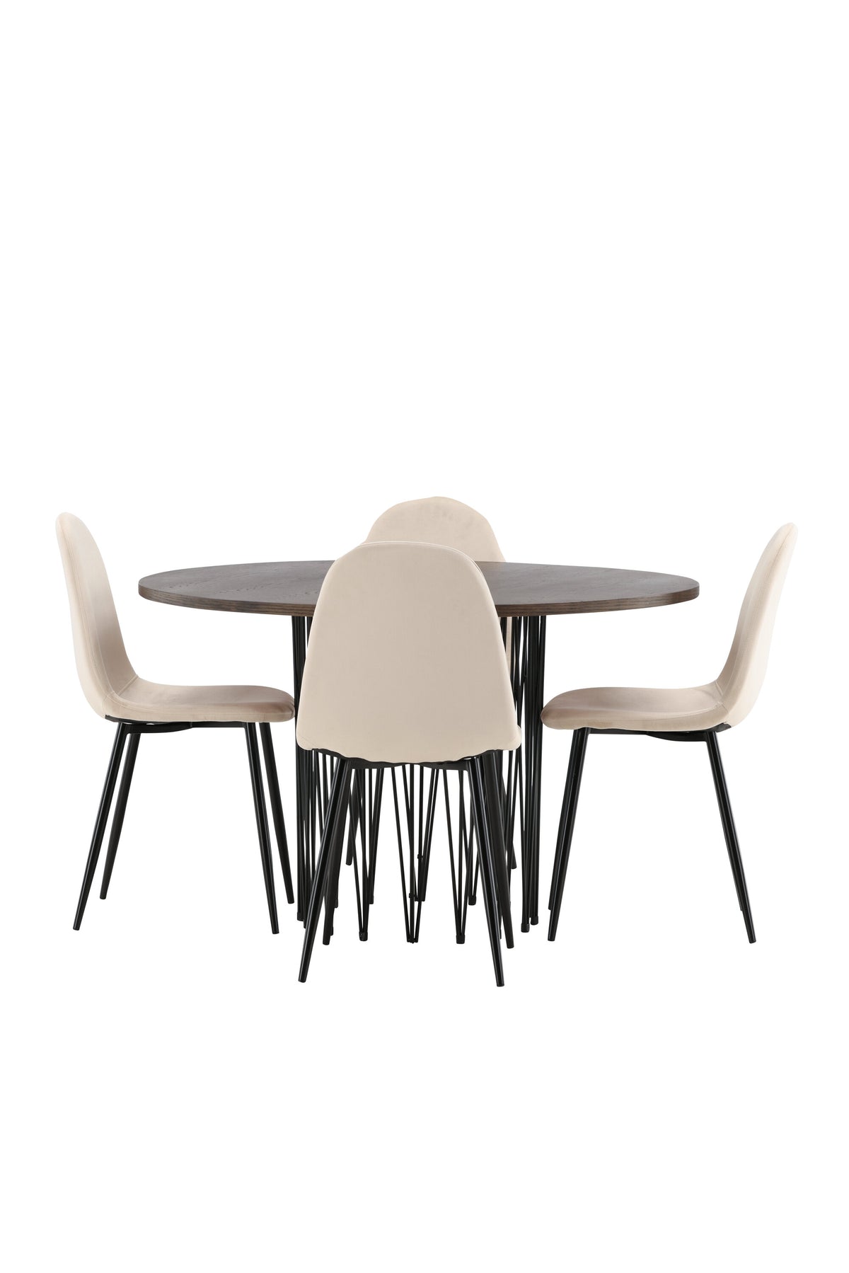Rundes Esszimmerset mit Steinlook-Tisch aus MDF und Mocca-Furnier, schwarzem Metallgestell und vier Limhamn-Stühlen mit beigem Samtbezug.