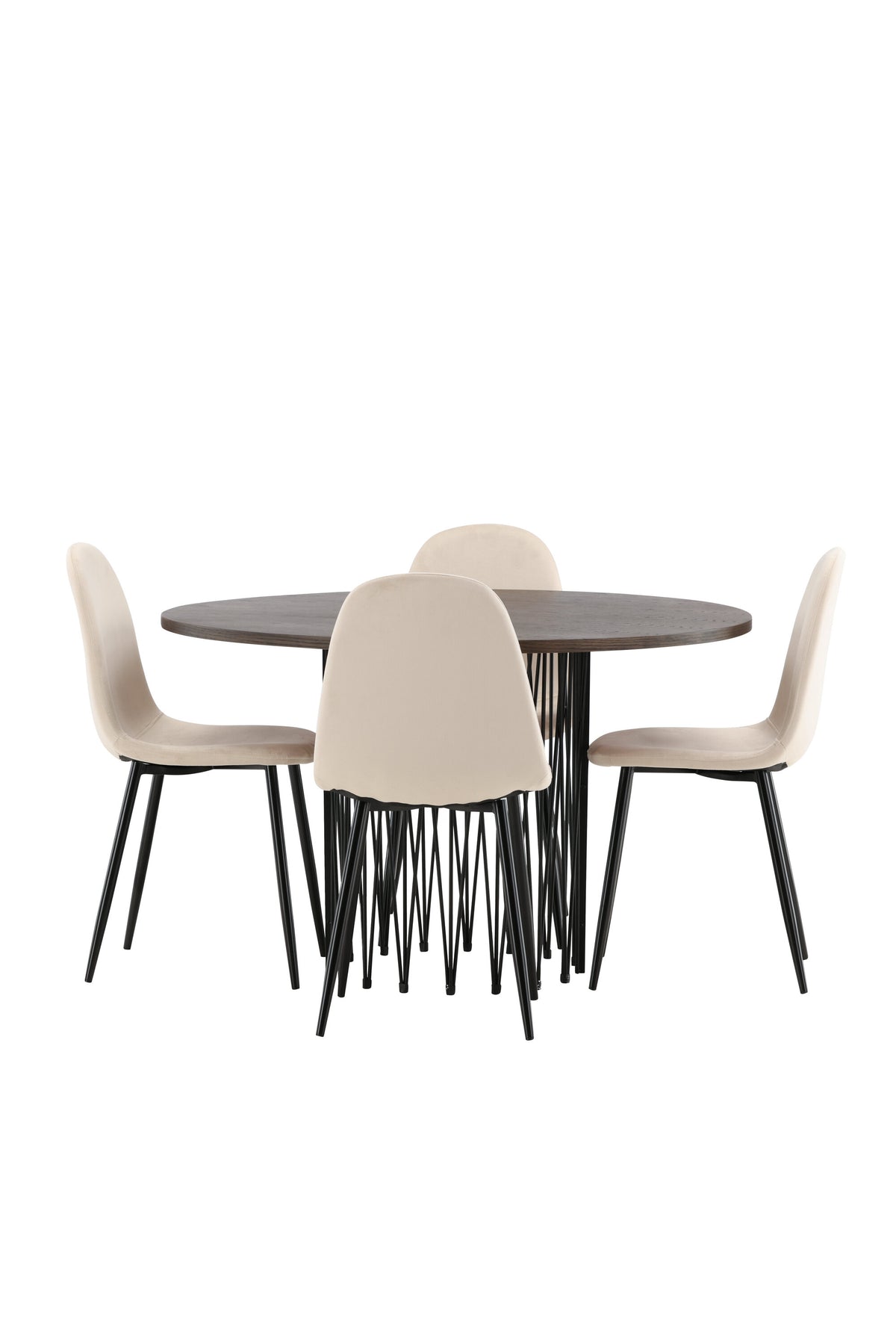 Rundes Esszimmerset mit Steinlook-Tisch aus MDF und Mocca-Furnier, schwarzem Metallgestell und vier Limhamn-Stühlen mit beigem Samtbezug.