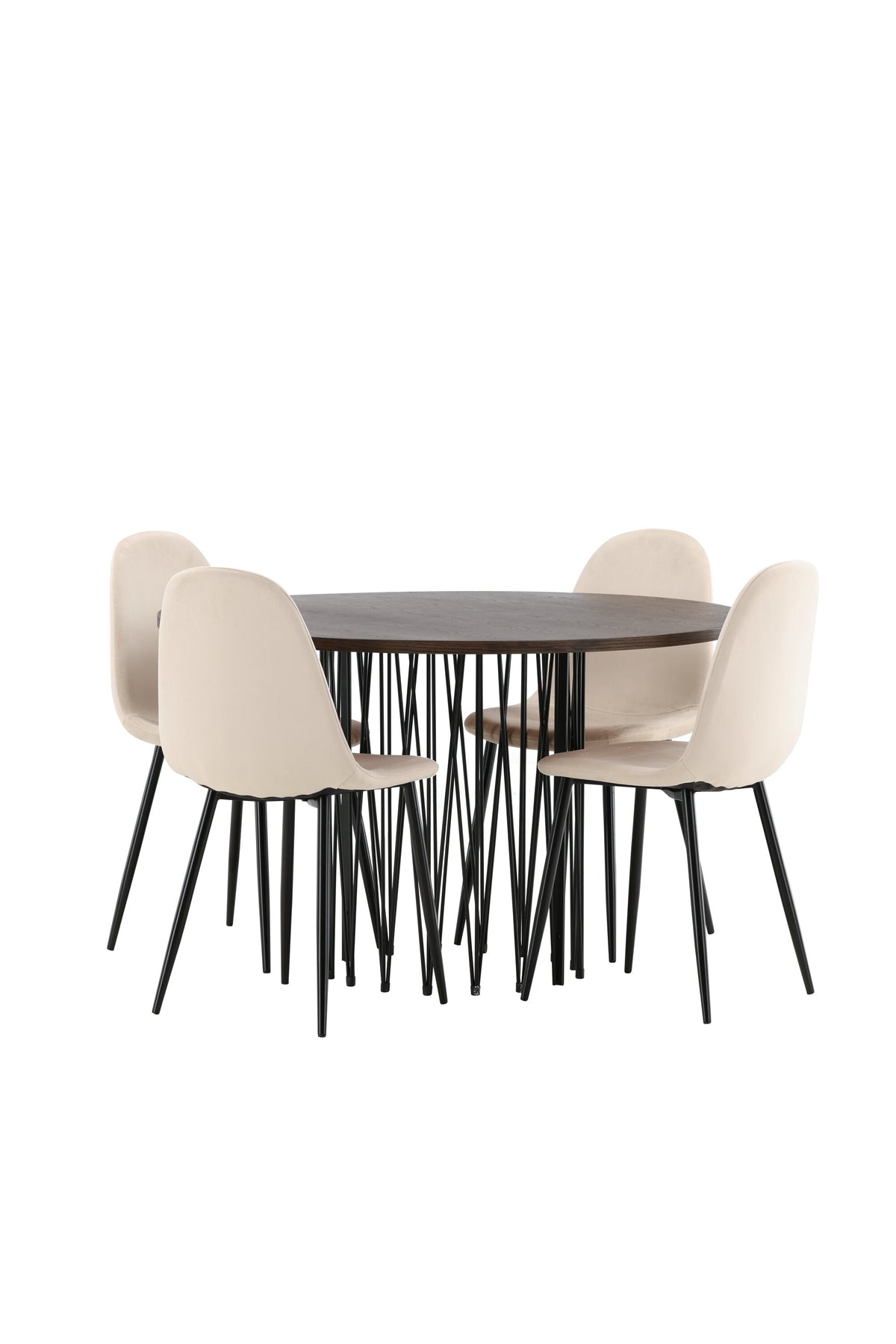Rundes Esszimmerset mit Steinlook-Tisch aus MDF und Mocca-Furnier, schwarzem Metallgestell und vier Limhamn-Stühlen mit beigem Samtbezug.