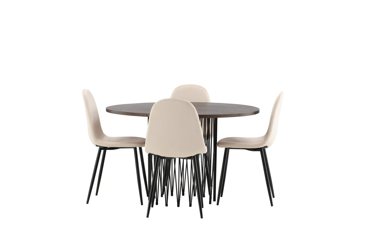 Rundes Esszimmerset mit Steinlook-Tisch aus MDF und Mocca-Furnier, schwarzem Metallgestell und vier Limhamn-Stühlen mit beigem Samtbezug.
