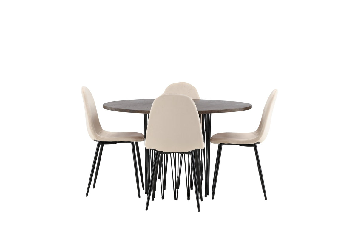 Rundes Esszimmerset mit Steinlook-Tisch aus MDF und Mocca-Furnier, schwarzem Metallgestell und vier Limhamn-Stühlen mit beigem Samtbezug.