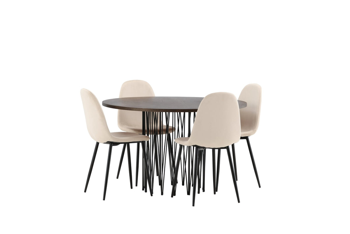 Rundes Esszimmerset mit Steinlook-Tisch aus MDF und Mocca-Furnier, schwarzem Metallgestell und vier Limhamn-Stühlen mit beigem Samtbezug.