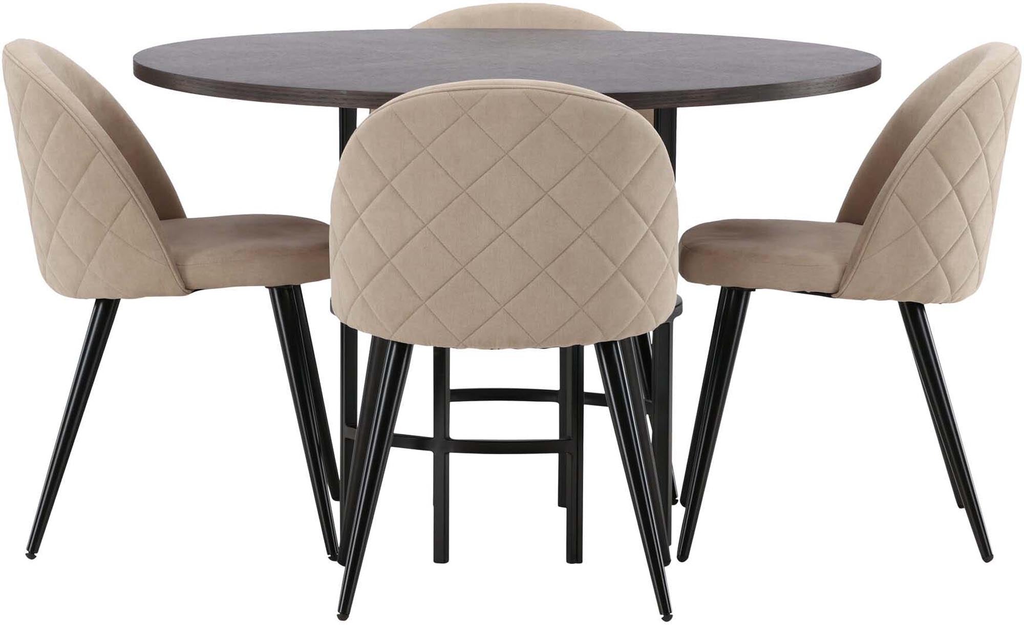 Esszimmerset Copenhagen + Velvet: Eleganter runder Tisch und bequeme Samtstühle für einladende Familienessen und stilvolle Zusammenkünfte.