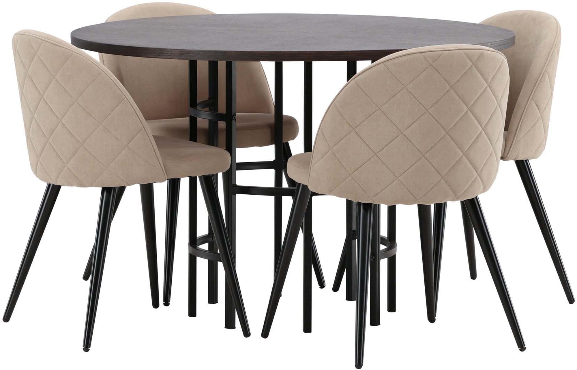 Esszimmerset Copenhagen + Velvet: Stilvoller runder Tisch mit 4 bequemen Samtstühlen, ideal für gesellige Familienessen und modernes Wohndesign.