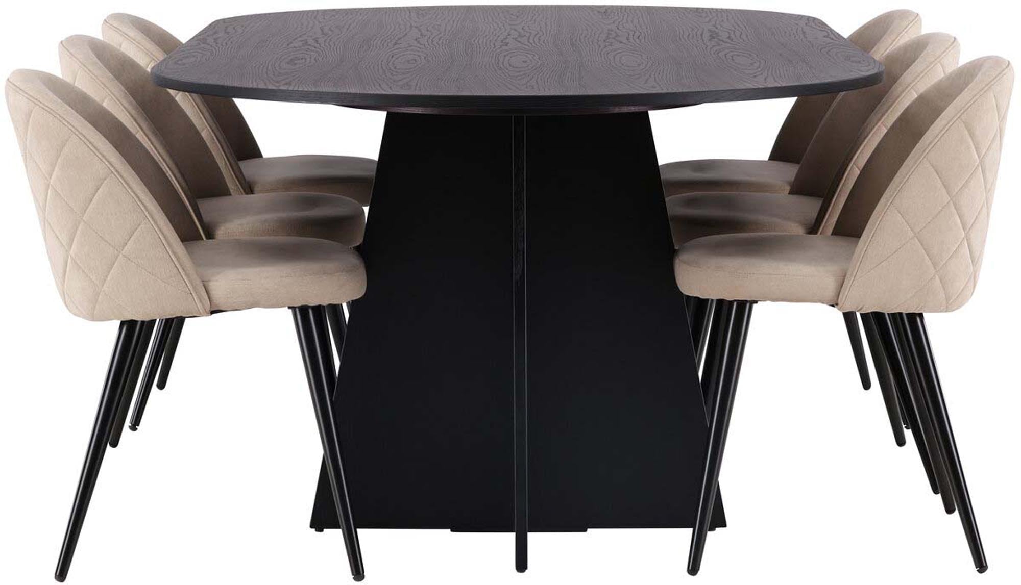 Elegantes Bootcut Esszimmerset mit 230 cm Tisch und 6 luxuriösen Velvet-Stühlen für stilvolle und gesellige Abendessen.