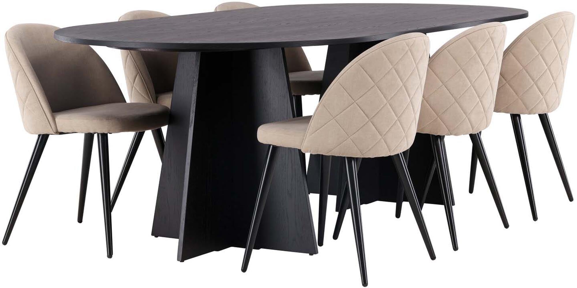 Elegantes Bootcut Esszimmerset mit 230 cm Tisch und 6 bequemen Samtstühlen für gesellige Momente und stilvolle Einrichtung.