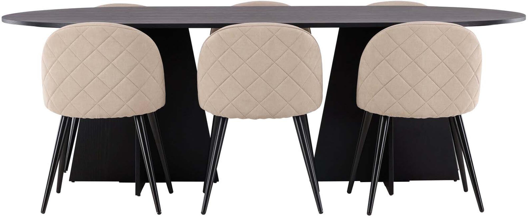 Elegantes Bootcut Esszimmerset mit 230 cm Tisch und 6 bequemen Velvet-Stühlen für stilvolle Esszimmermomente.