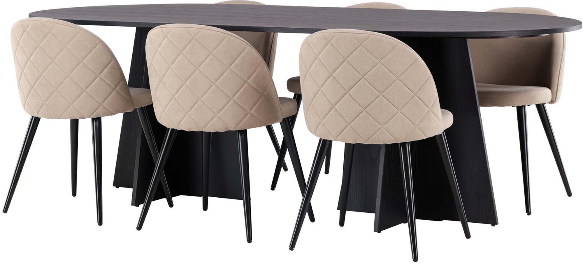 Stilvolles Bootcut Esszimmerset mit ovalem Tisch (230 cm) und 6 gepolsterten Velvet-Stühlen für einladende Dinner und gesellige Runden.