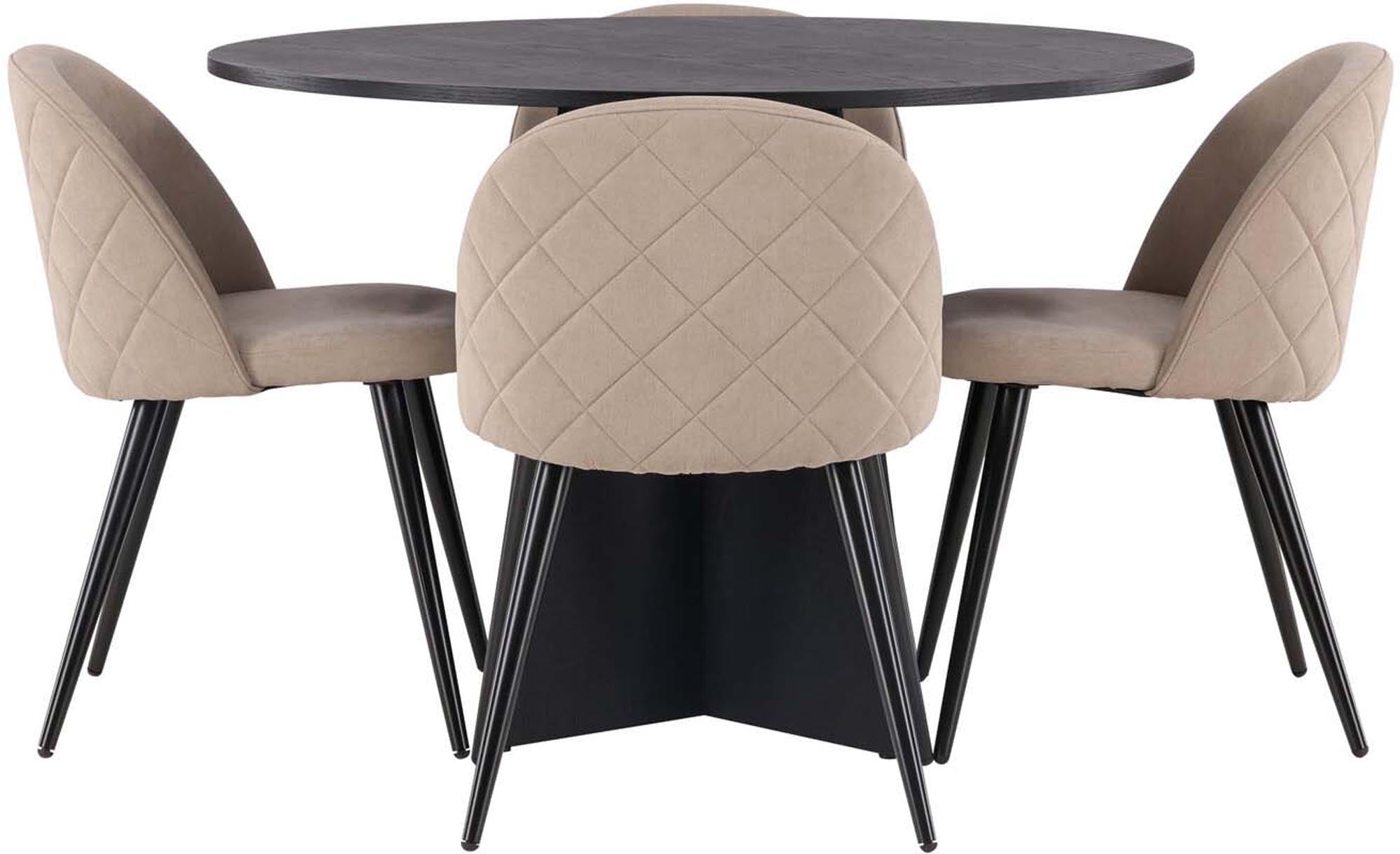 Elegantes Bootcut Esszimmerset mit runden Tisch und luxuriösen Velvet-Stühlen für gesellige Abende und skandinavisches Design.