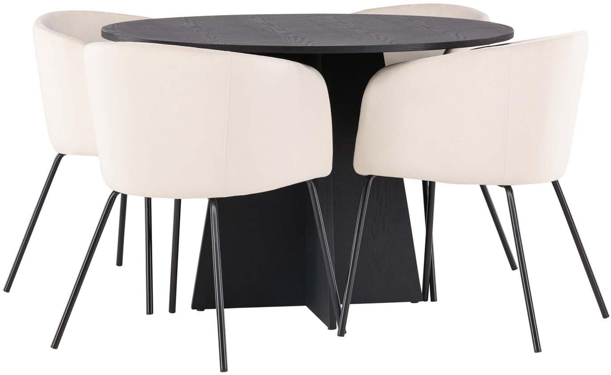 Stilvolles Bootcut Esszimmerset mit runden Tisch (110cm) und 4 bequemen Berit Stühlen. Perfekt für gesellige Abende und modernes Wohnen.