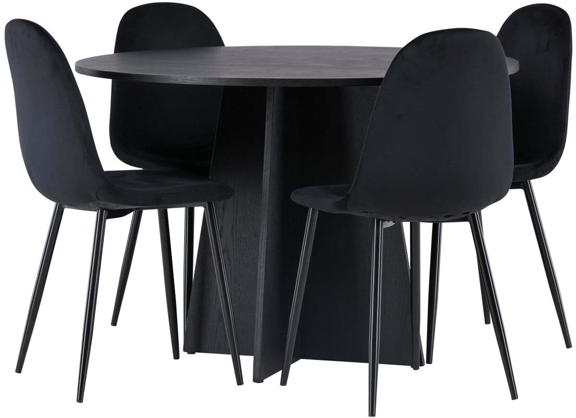 Entdecken Sie das stilvolle Bootcut Esszimmerset von Venture Home: runder Tisch mit 110 cm Durchmesser und 4 eleganten Polar-Stühlen für höchsten Komfort.