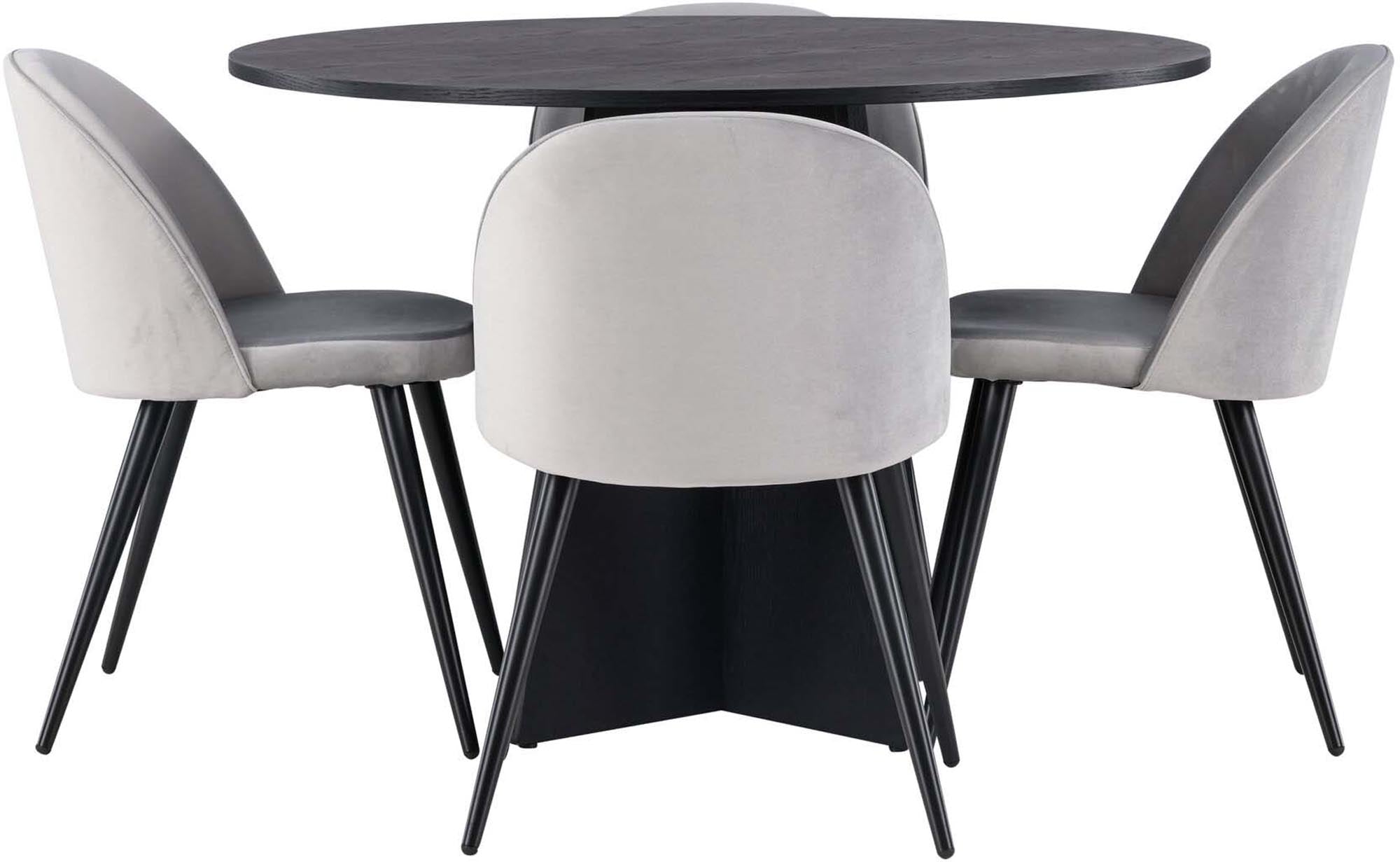 Entdecken Sie das Bootcut Esszimmerset + Velvet von Venture Home: eleganter runder Esstisch und luxuriöse Stühle für Ihr skandinavisches Esszimmer.