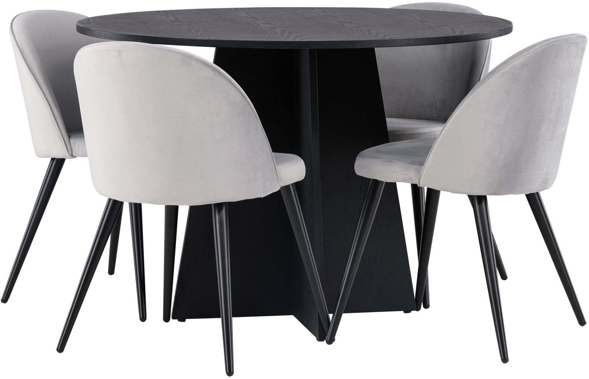 Elegantes Bootcut Esszimmerset mit runden Tisch und luxuriösen Velvet-Stühlen für gesellige Abende und skandinavisches Design.
