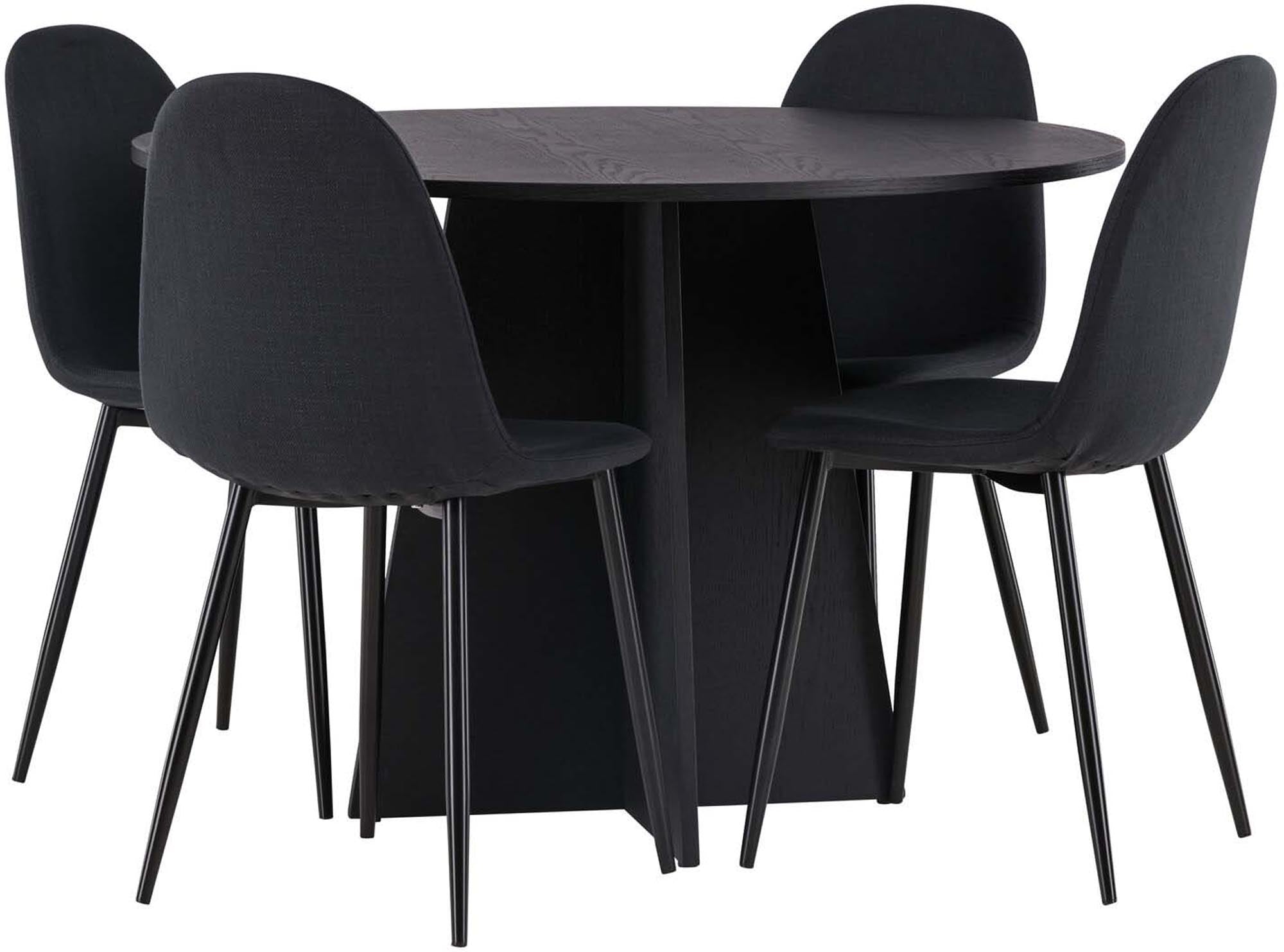 Entdecken Sie das stilvolle Bootcut Esszimmerset von Venture Home: runder Tisch mit 110 cm Durchmesser und 4 eleganten Polar-Stühlen für höchsten Komfort.