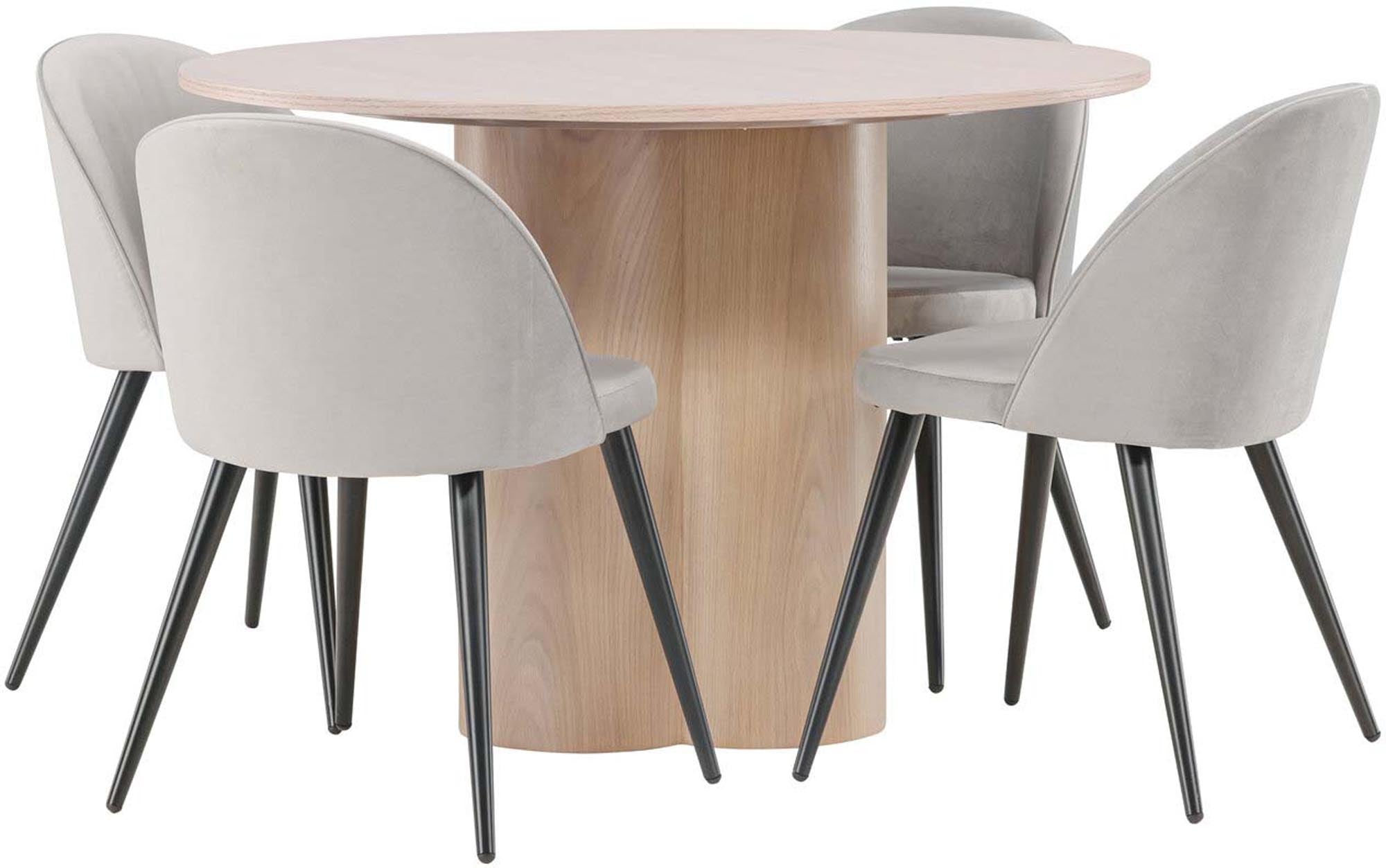 Gestalten Sie Ihr Esszimmer stilvoll mit dem Olivia Set von Venture Home: Ein runder Tisch und bequeme Velvet-Stühle für unvergessliche Momente.