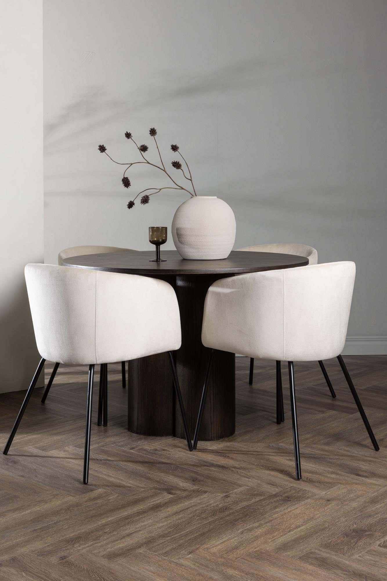 Elegantes Olivia Set: Runder Tisch Berit mit 4 stilvollen Stühlen.